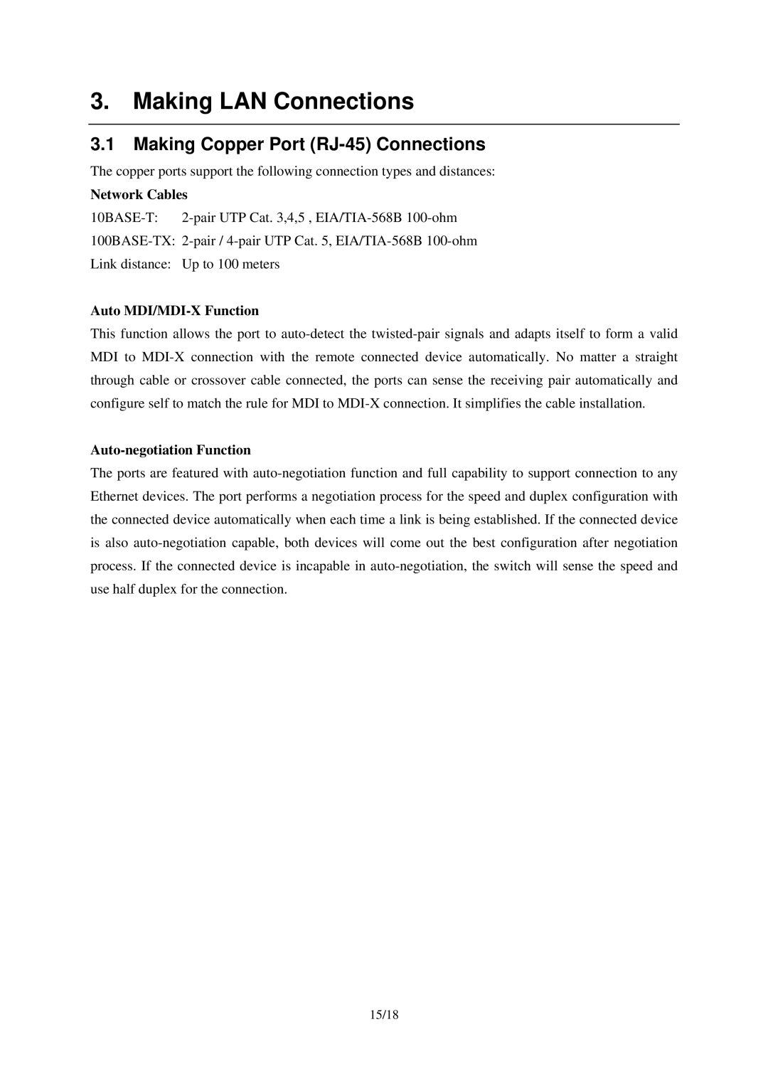 KTI Networks KCD-303P-B2, KCD-303P-A1 manual Making LAN Connections, Making Copper Port RJ-45 Connections, Network Cables 