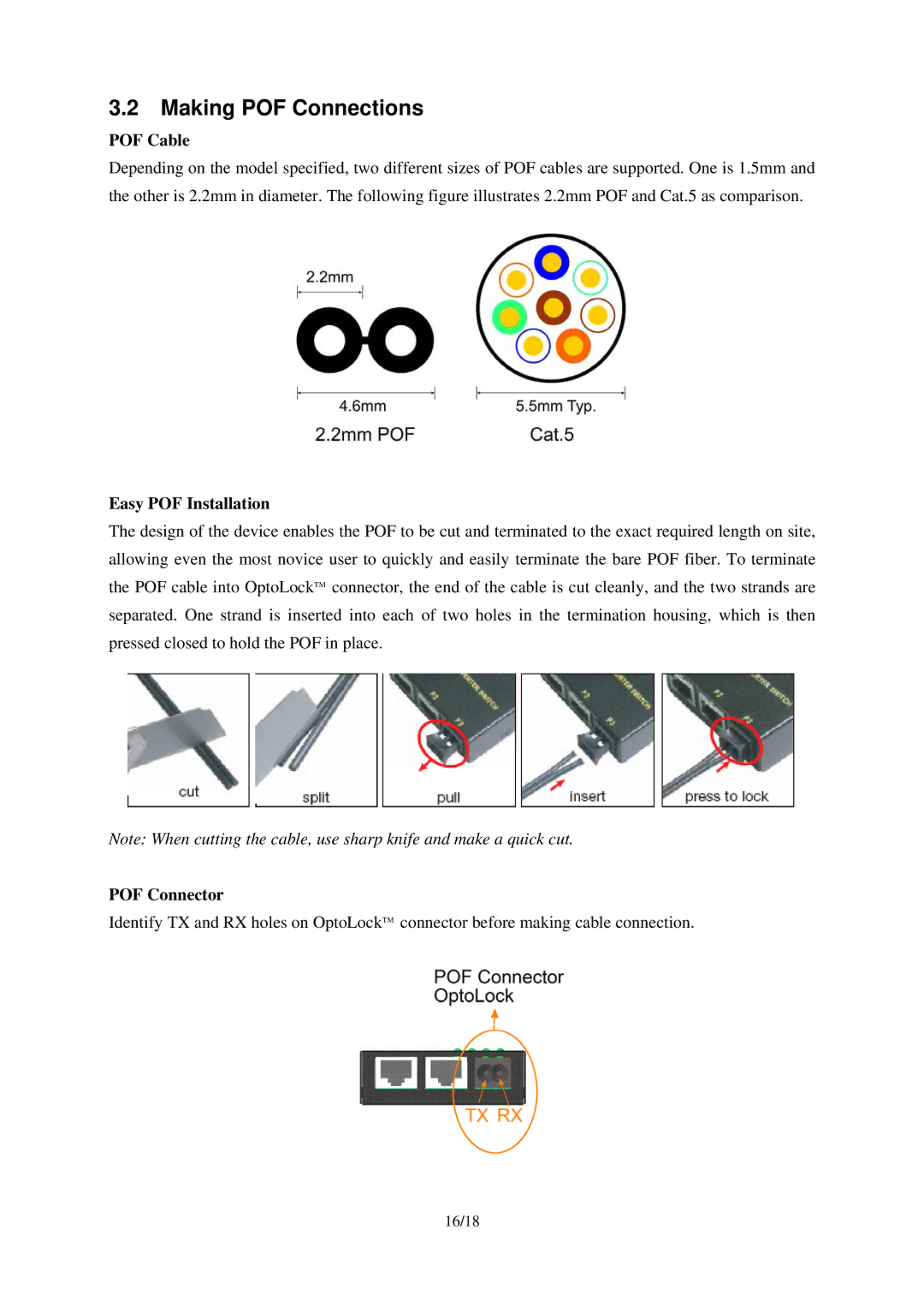 KTI Networks KCD-303P-A1, KCD-303P-A2, KCD-303P-B1 Making POF Connections, POF Cable, Easy POF Installation, POF Connector 