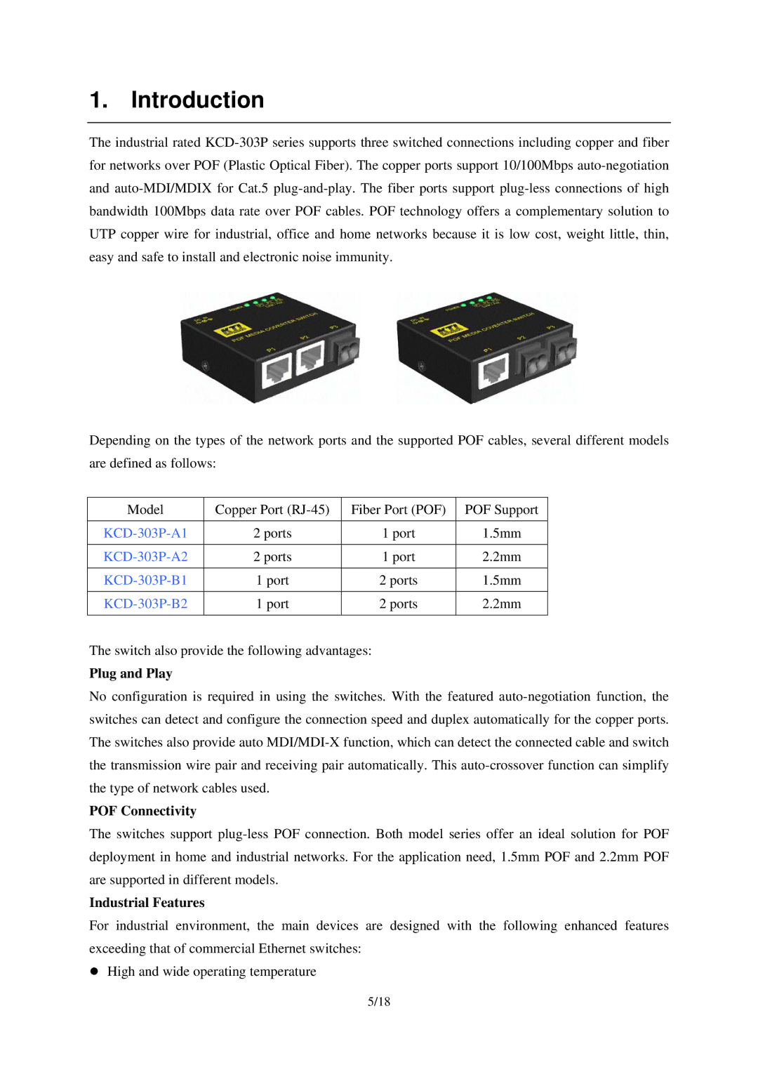 KTI Networks KCD-303P-A2, KCD-303P-A1, KCD-303P-B1 manual Introduction, Plug and Play, POF Connectivity, Industrial Features 