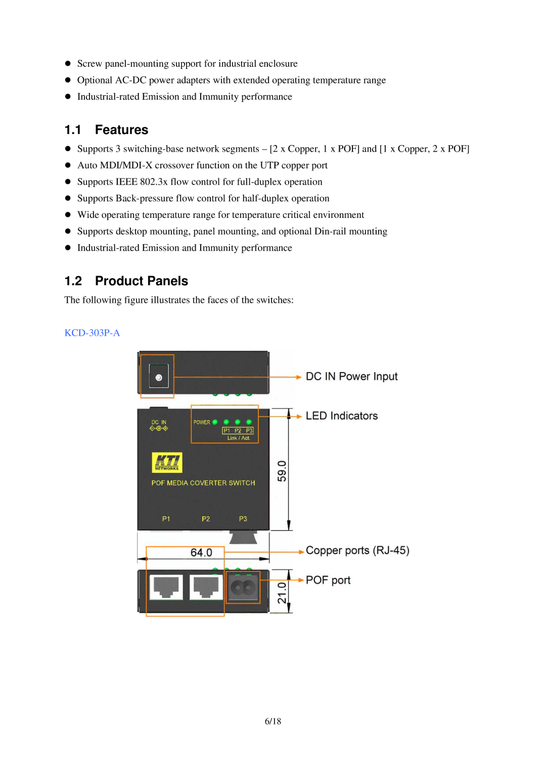 KTI Networks KCD-303P-B1, KCD-303P-A1, KCD-303P-A2, KCD-303P-B2 manual Features, Product Panels 