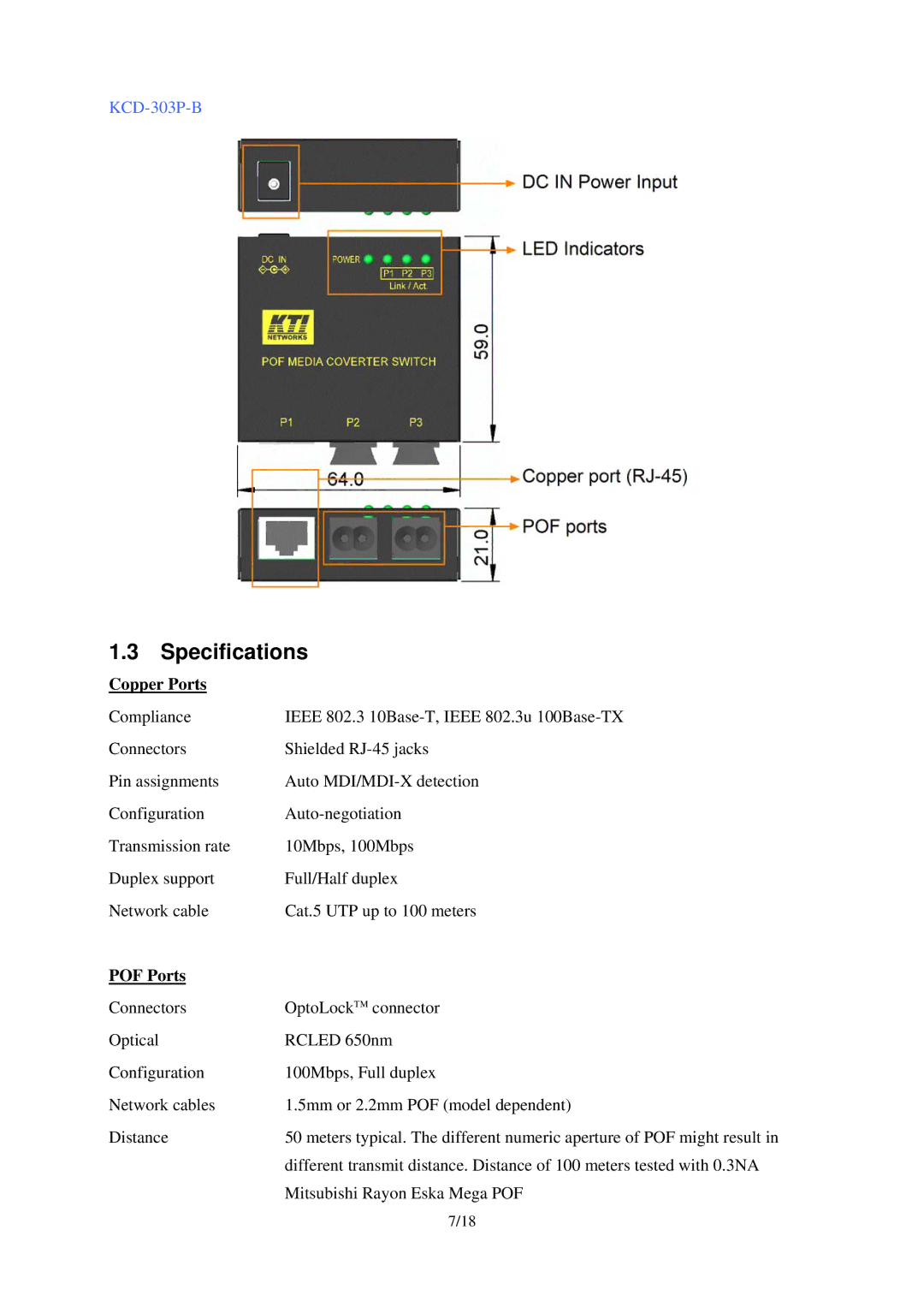 KTI Networks KCD-303P-B2, KCD-303P-A1, KCD-303P-A2, KCD-303P-B1 manual Specifications, Copper Ports, POF Ports 