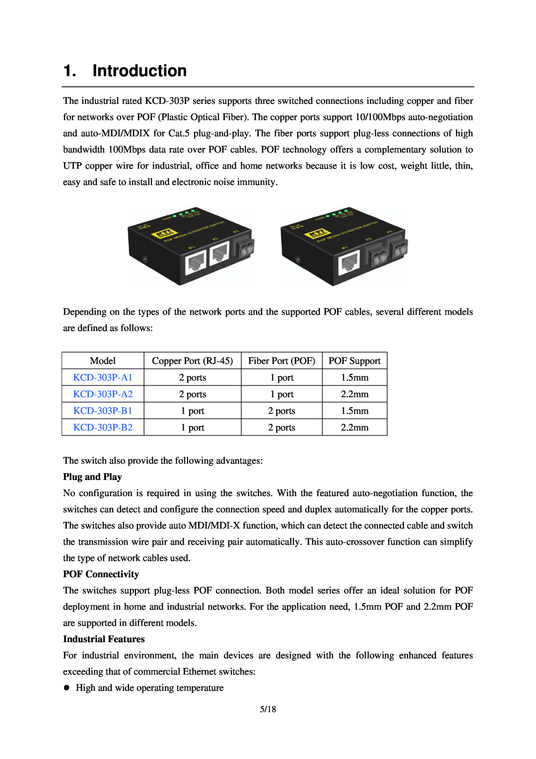 KTI Networks KCD-303P-A2, KCD-303P-A1, KCD-303P-B1 manual Introduction, Plug and Play, POF Connectivity, Industrial Features 