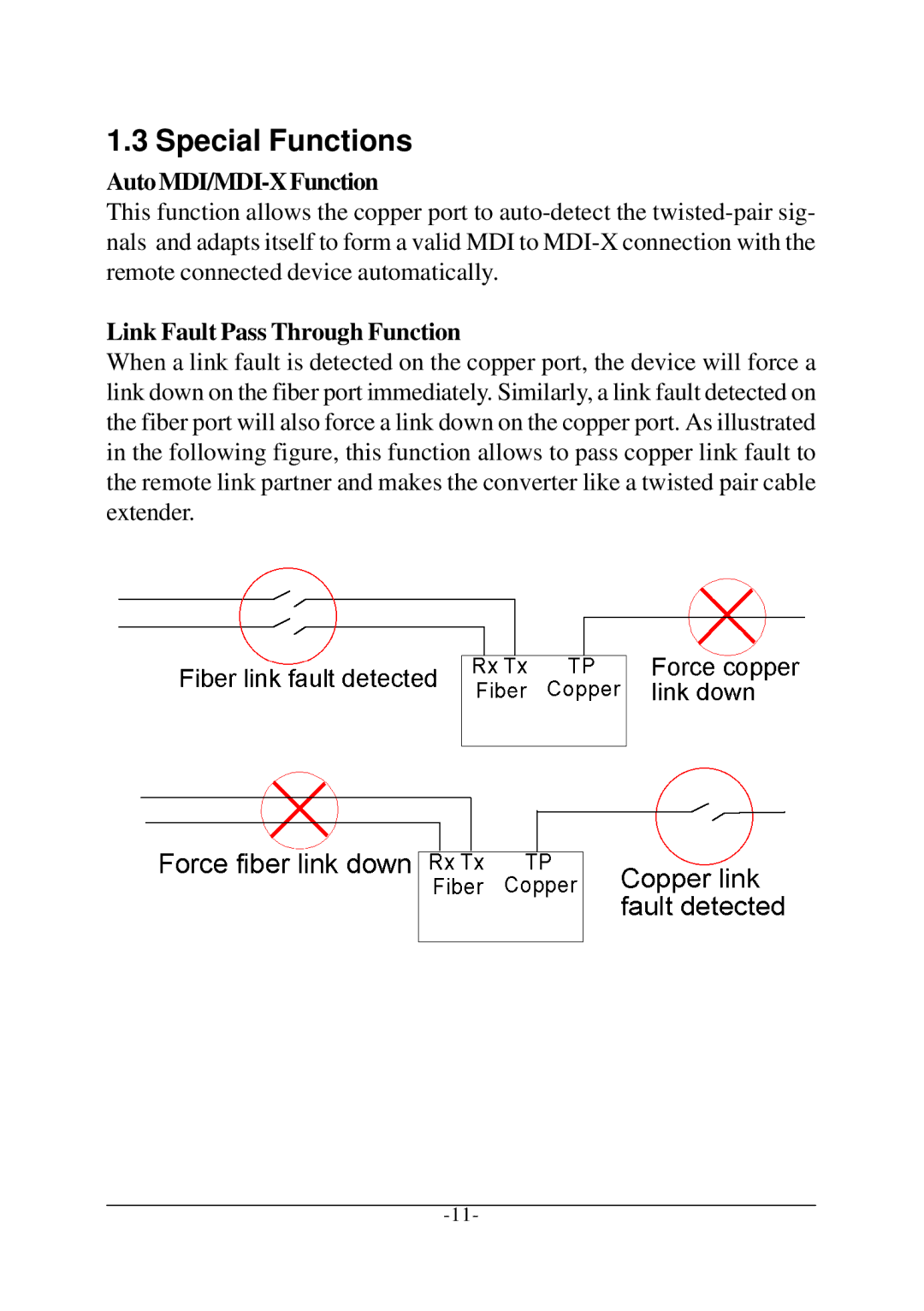 KTI Networks KCD-400 Series manual Special Functions, AutoMDI/MDI-XFunction, Link Fault Pass Through Function 