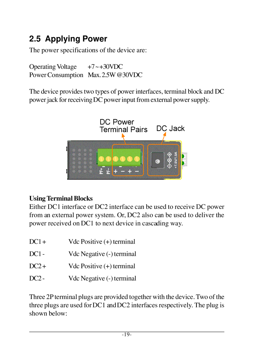 KTI Networks KCD-400 Series manual Applying Power, Using Terminal Blocks 