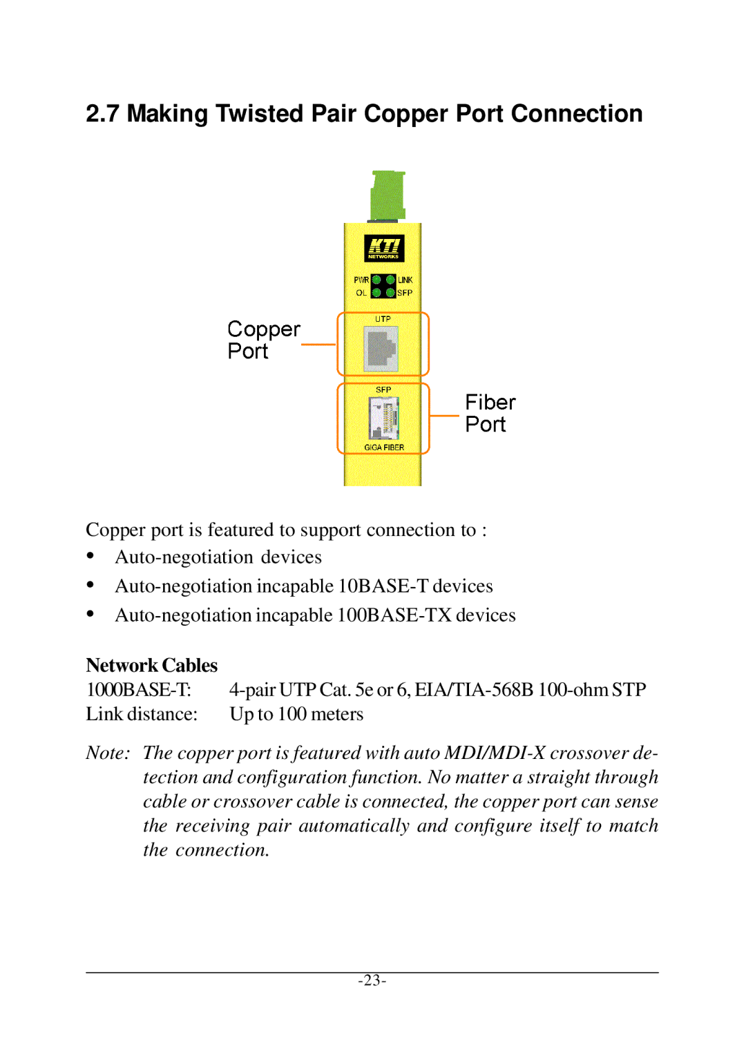 KTI Networks KCD-400 Series manual Making Twisted Pair Copper Port Connection, Network Cables 