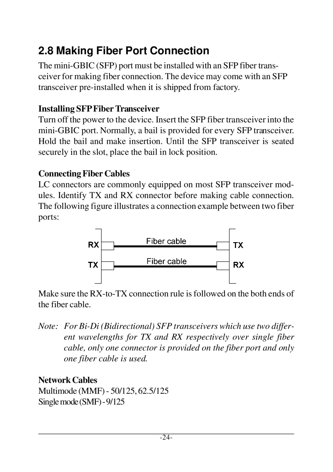 KTI Networks KCD-400 Series manual Making Fiber Port Connection, Installing SFP Fiber Transceiver, Connecting Fiber Cables 