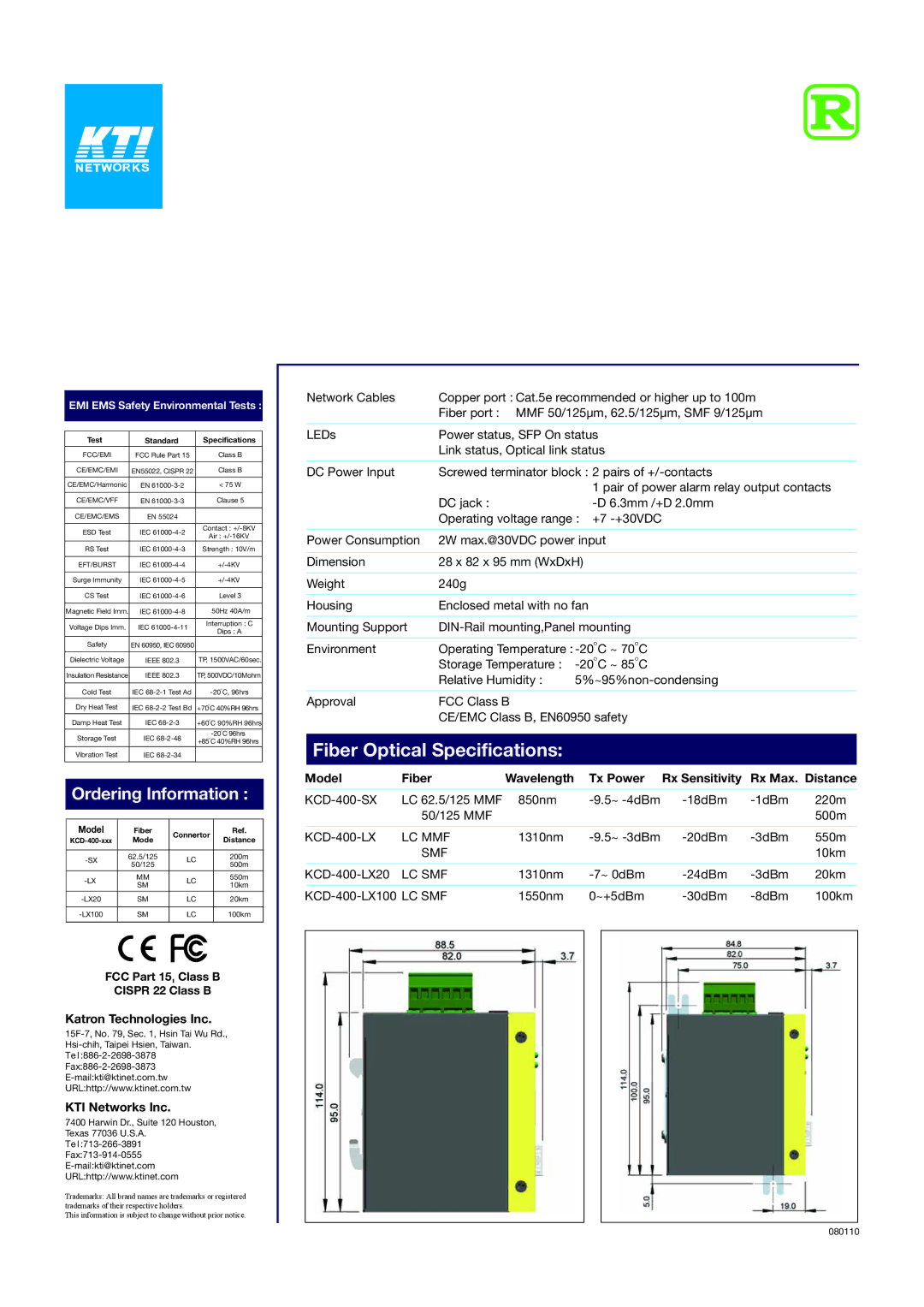 KTI Networks KCD-400 specifications Fiber Optical Specifications, Katron Technologies Inc, KTI Networks Inc 