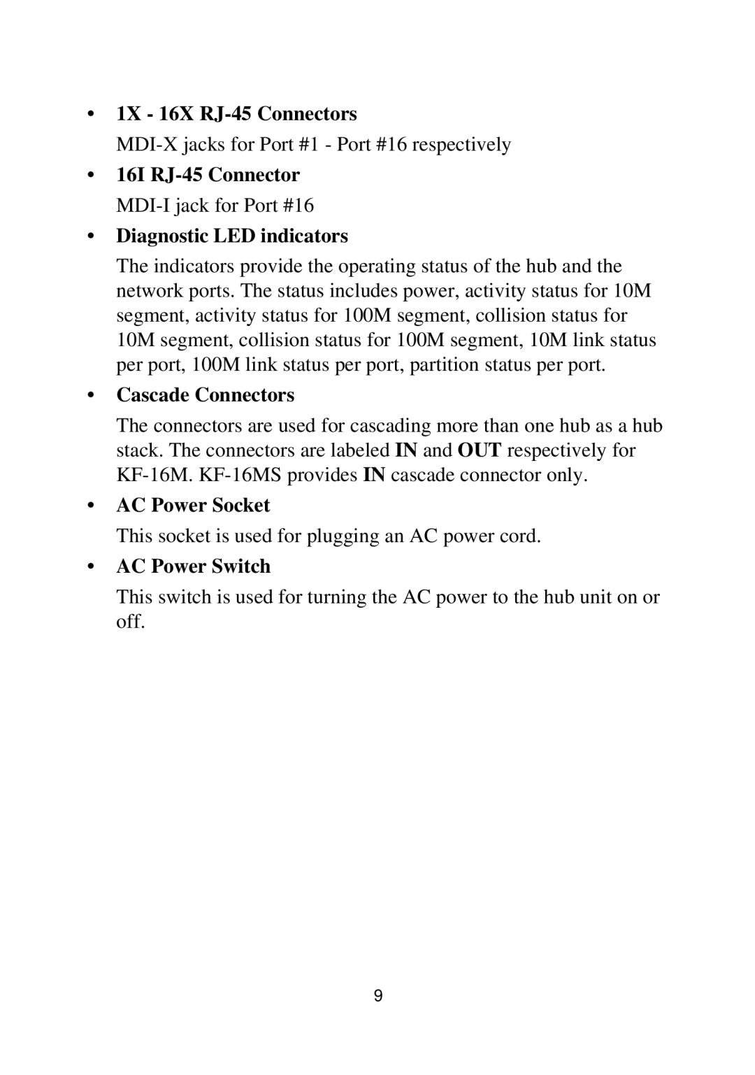 KTI Networks KF-16MS manual 1X 16X RJ-45 Connectors, AC Power Socket, AC Power Switch 