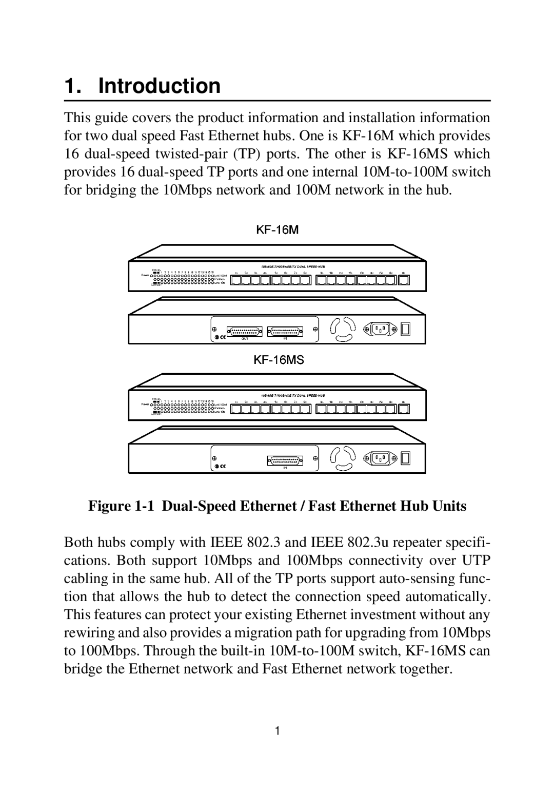 KTI Networks KF-16MS manual Introduction, Dual-Speed Ethernet / Fast Ethernet Hub Units 