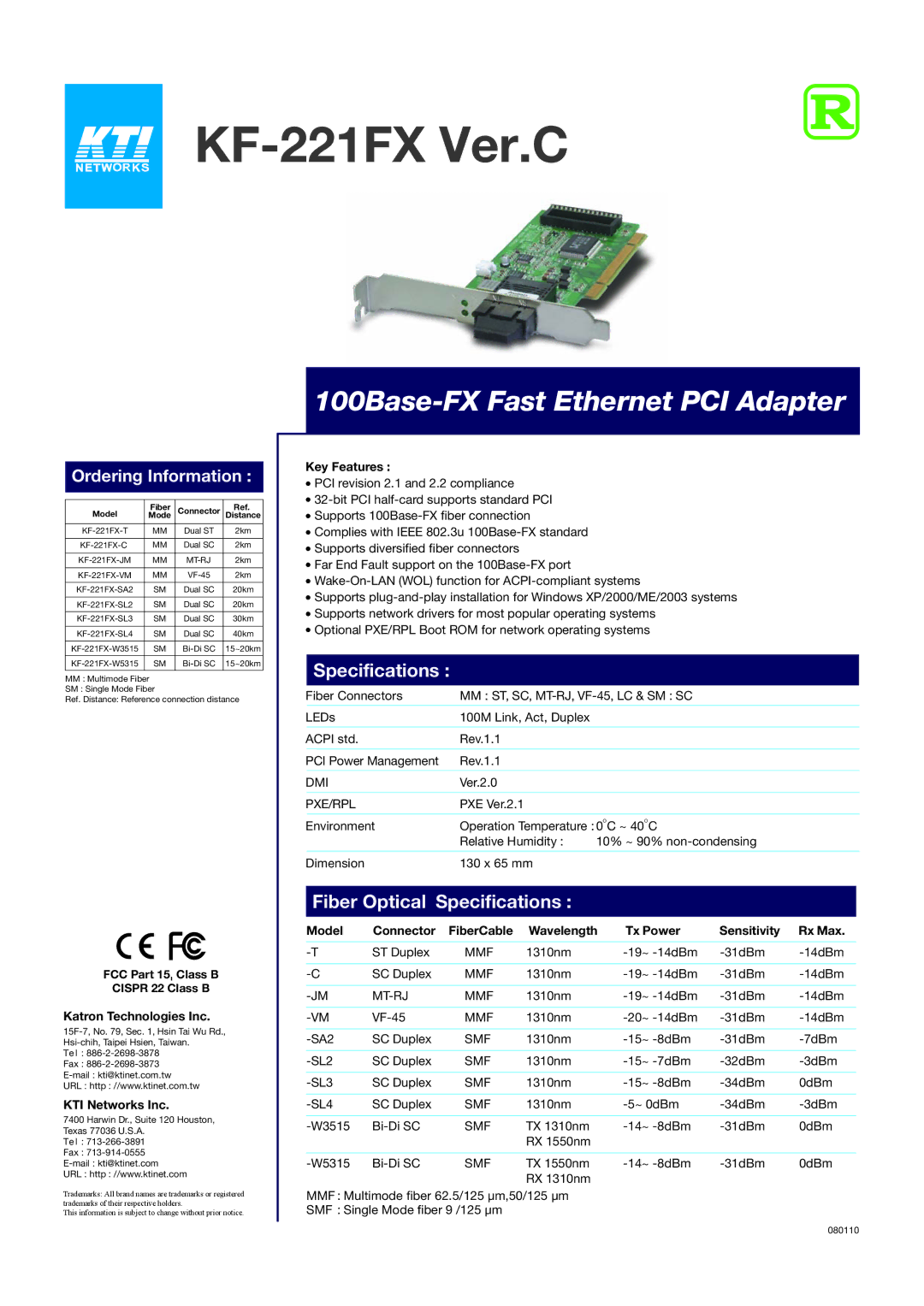 KTI Networks KF-221FX Ver.C specifications Fiber Optical Specifications, Katron Technologies Inc, KTI Networks Inc 