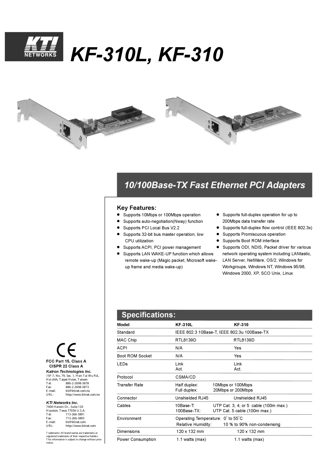 KTI Networks specifications KF-310L, KF-310, 10/100Base-TX Fast Ethernet PCI Adapters, Specifications, Key Features 