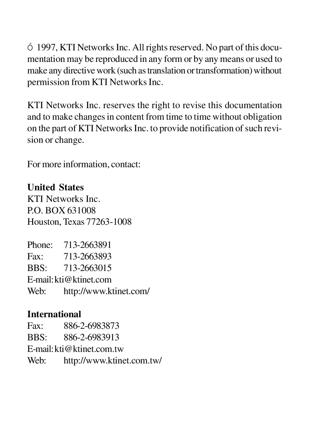 KTI Networks KF223TX, KF230TX manual United States, International 