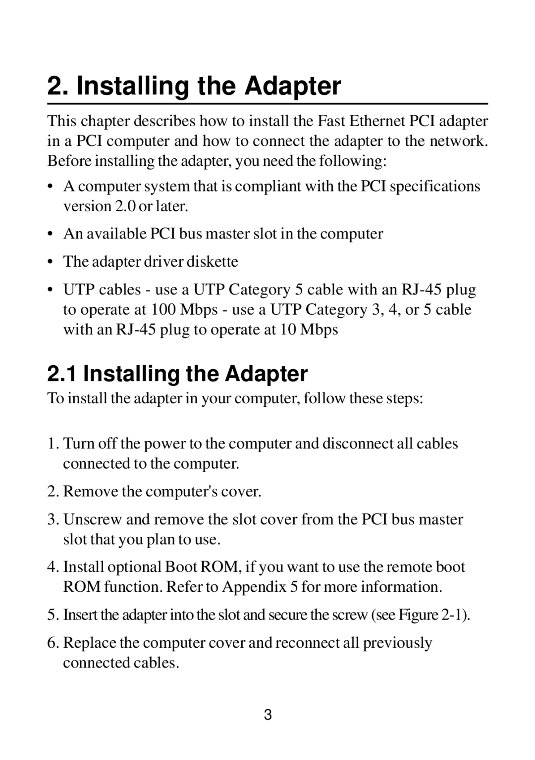 KTI Networks KF223TX, KF230TX manual Installing the Adapter 