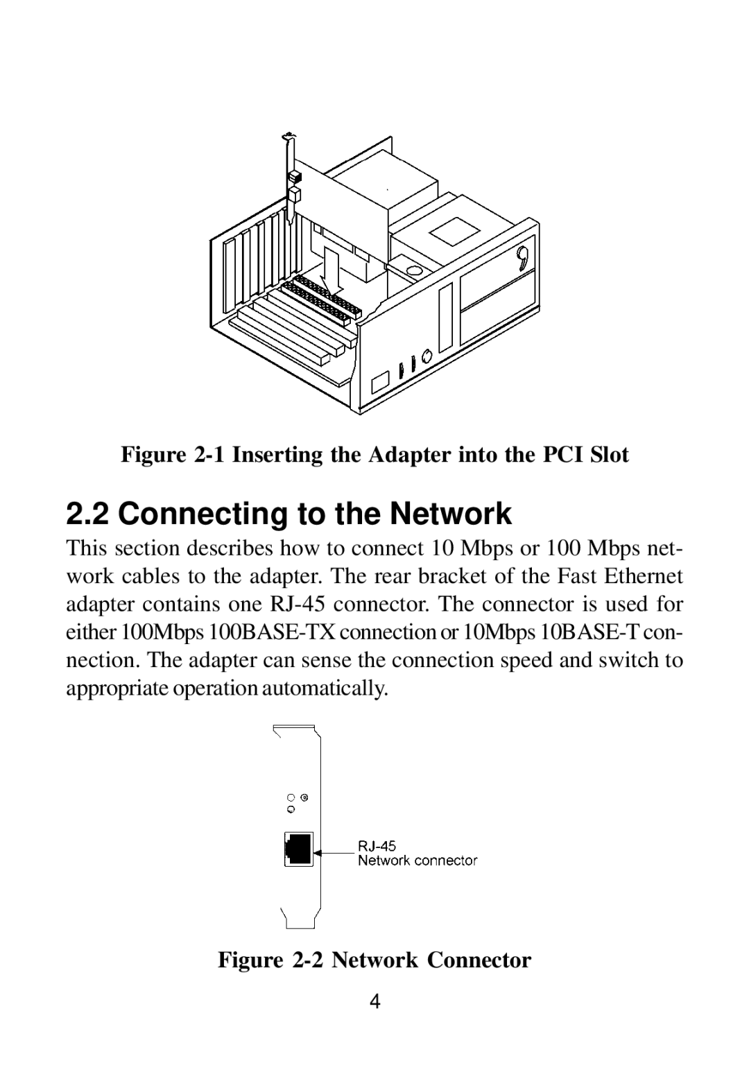 KTI Networks KF230TX, KF223TX manual Connecting to the Network, Inserting the Adapter into the PCI Slot 