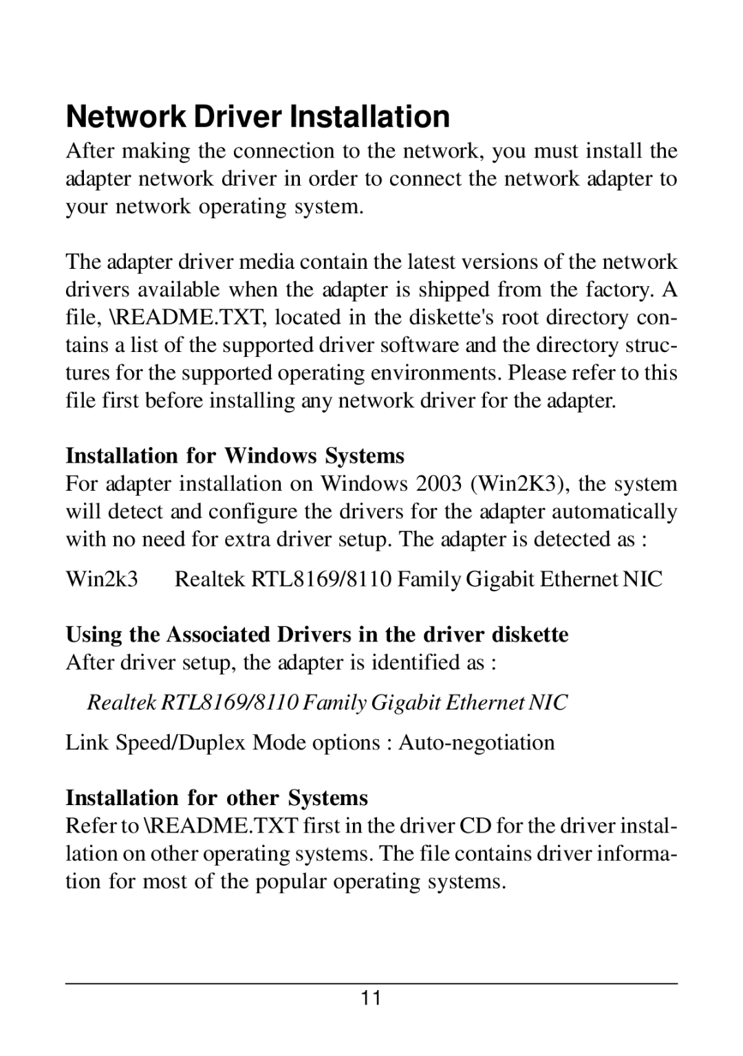 KTI Networks KG-500F manual Network Driver Installation, Installation for Windows Systems, Installation for other Systems 