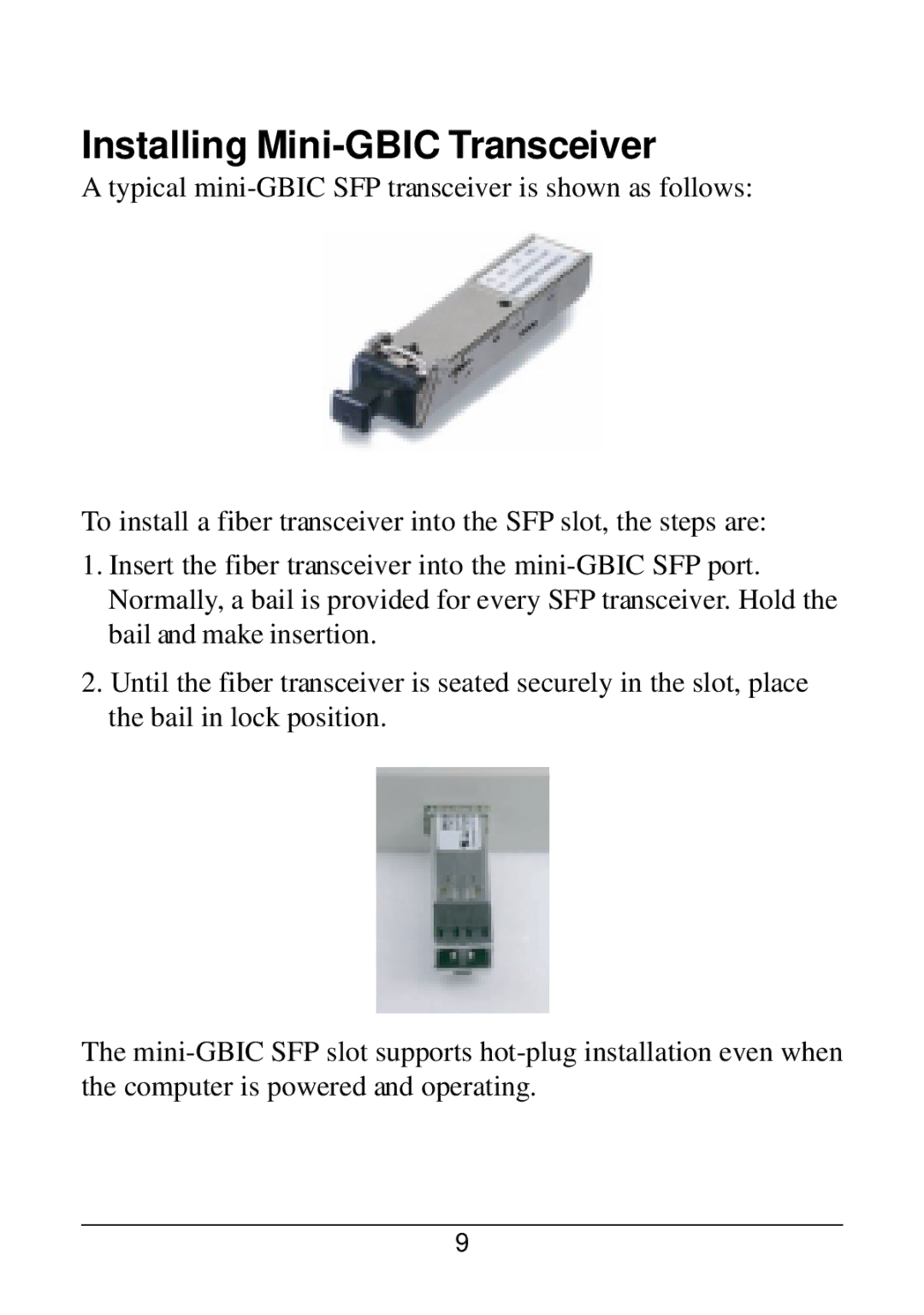 KTI Networks KG-500F manual Installing Mini-GBIC Transceiver 