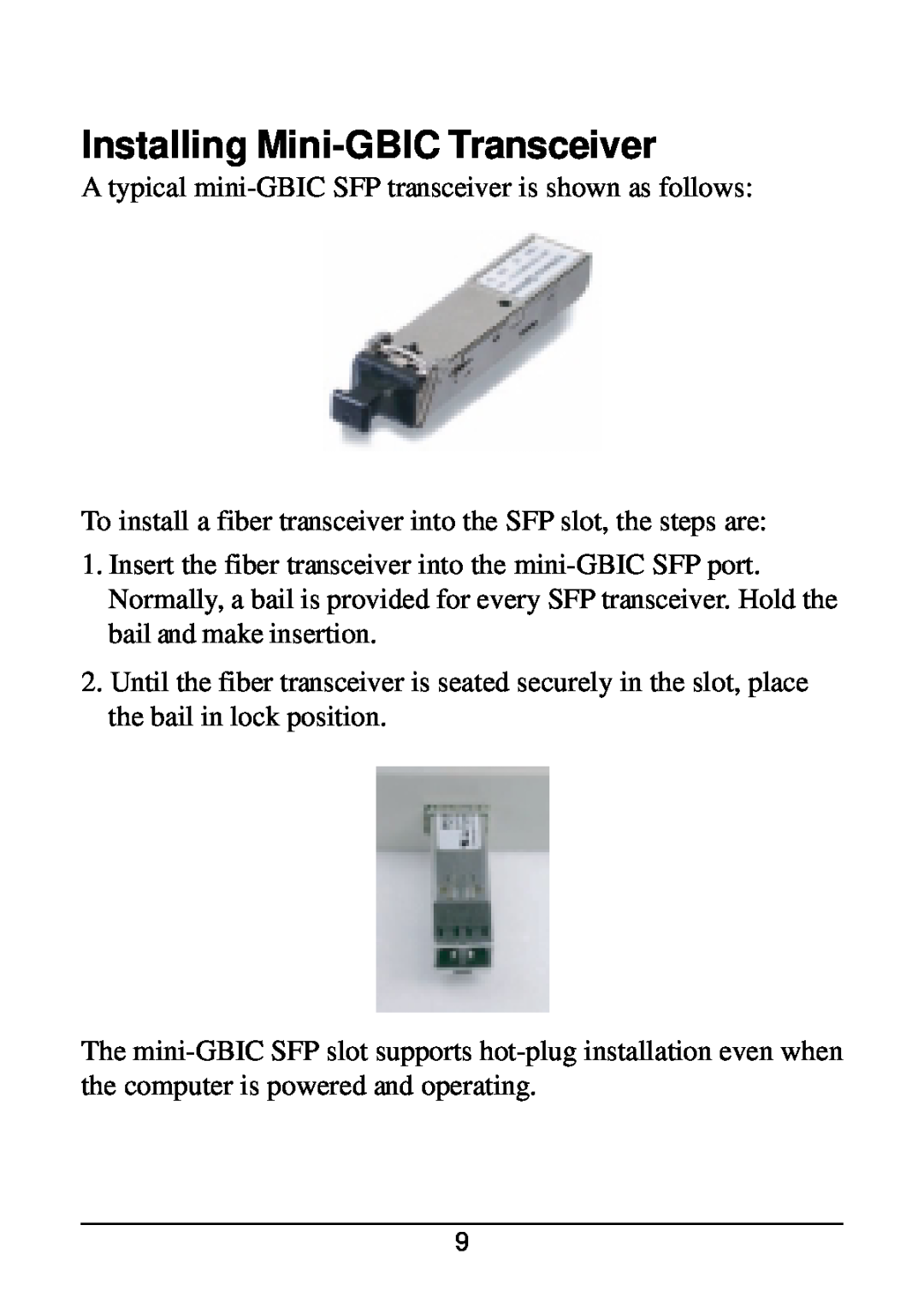 KTI Networks KG-500F manual Installing Mini-GBIC Transceiver 