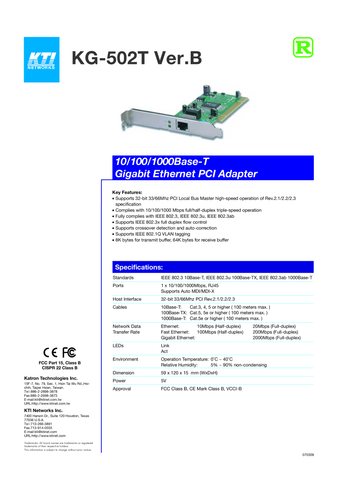 KTI Networks specifications KG-502T Ver.B, 10/100/1000Base-T Gigabit Ethernet PCI Adapter, Specifications 