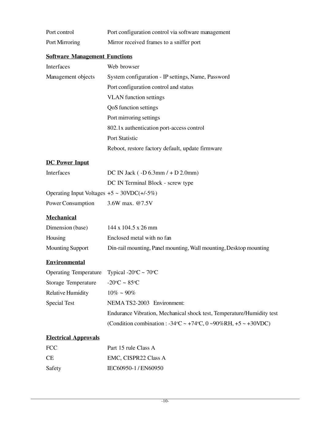 KTI Networks KGD-600 manual Software Management Functions, DC Power Input, Mechanical, Environmental, Electrical Approvals 