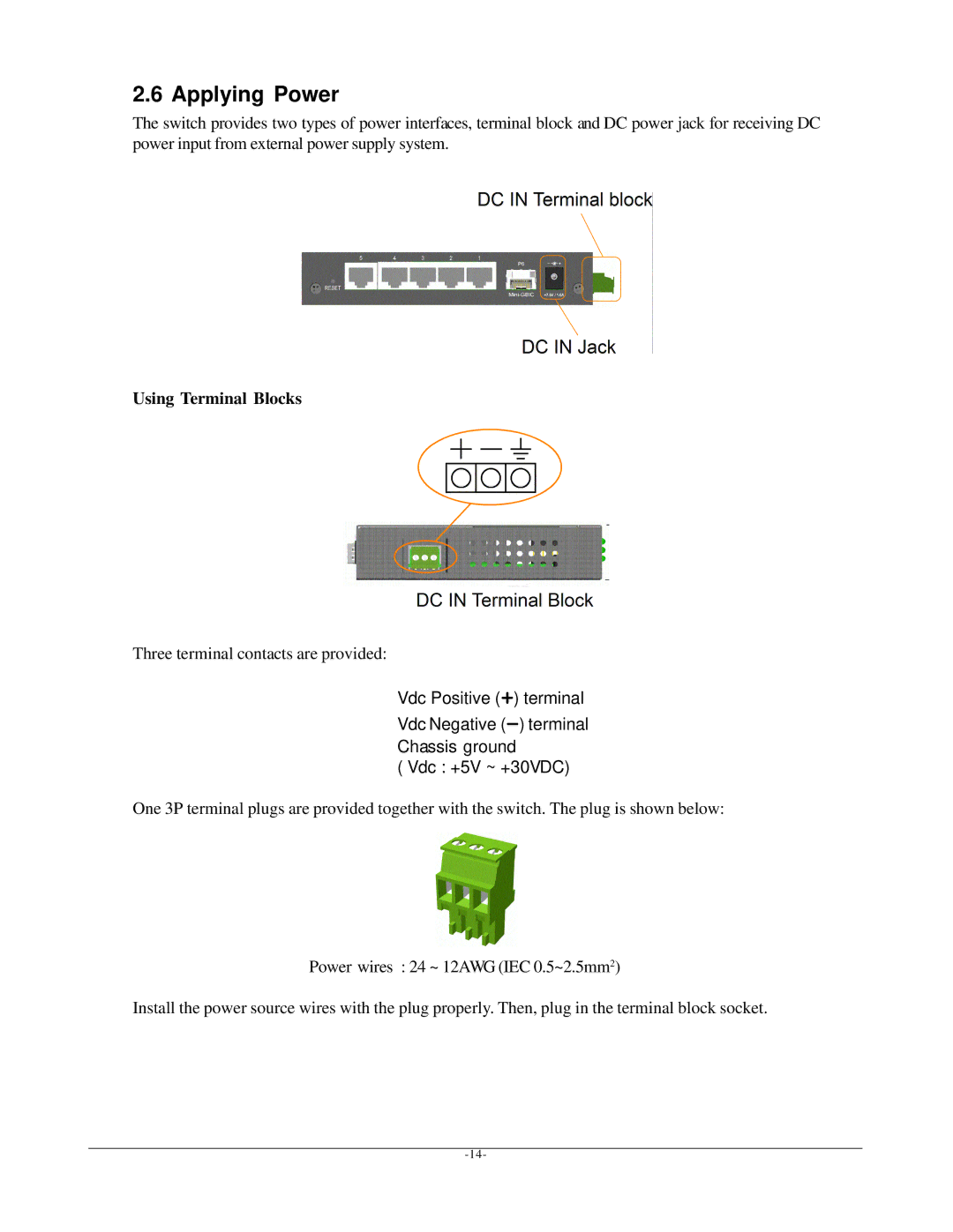 KTI Networks KGD-600 manual Applying Power, Using Terminal Blocks 