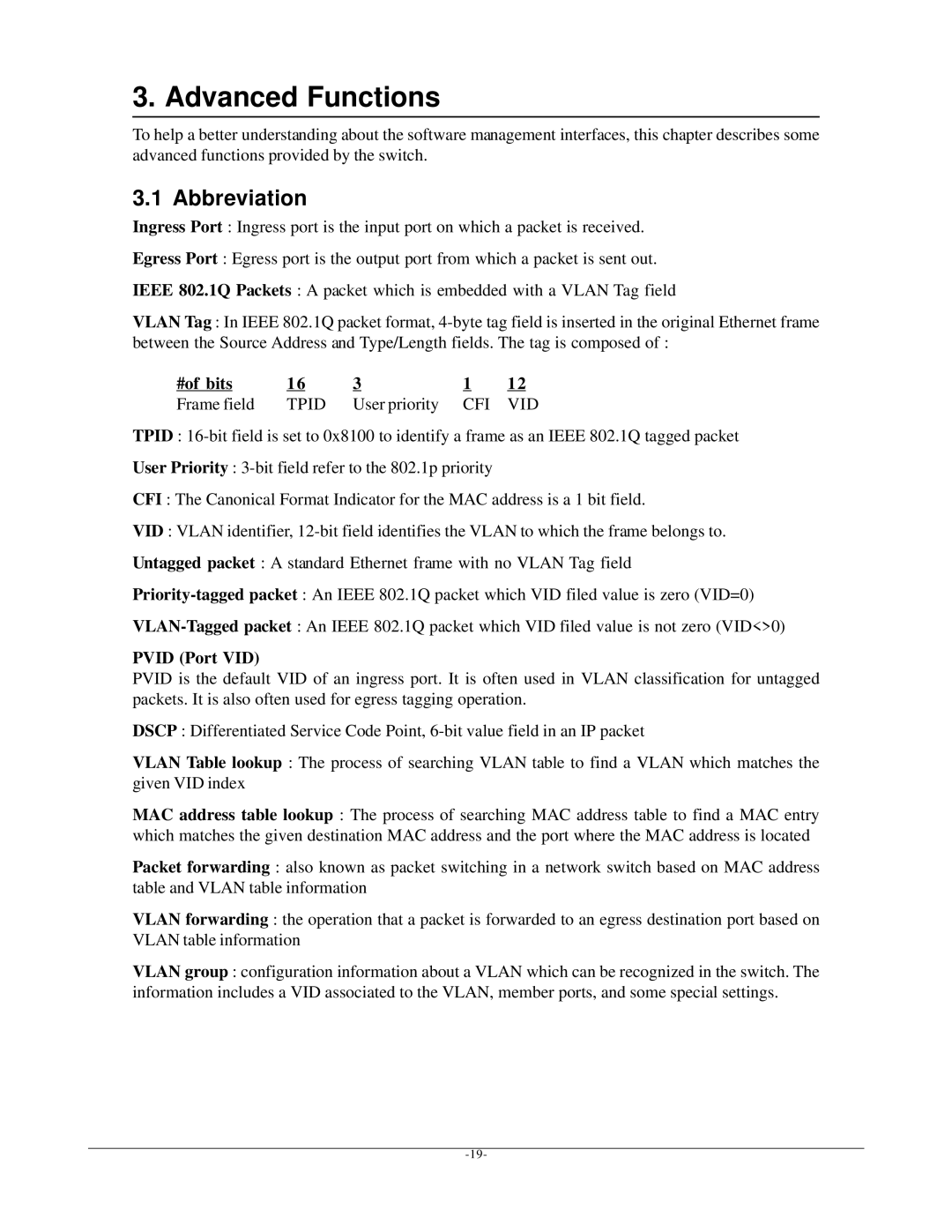 KTI Networks KGD-600 manual Abbreviation, #of bits Frame field, User priority, Pvid Port VID 