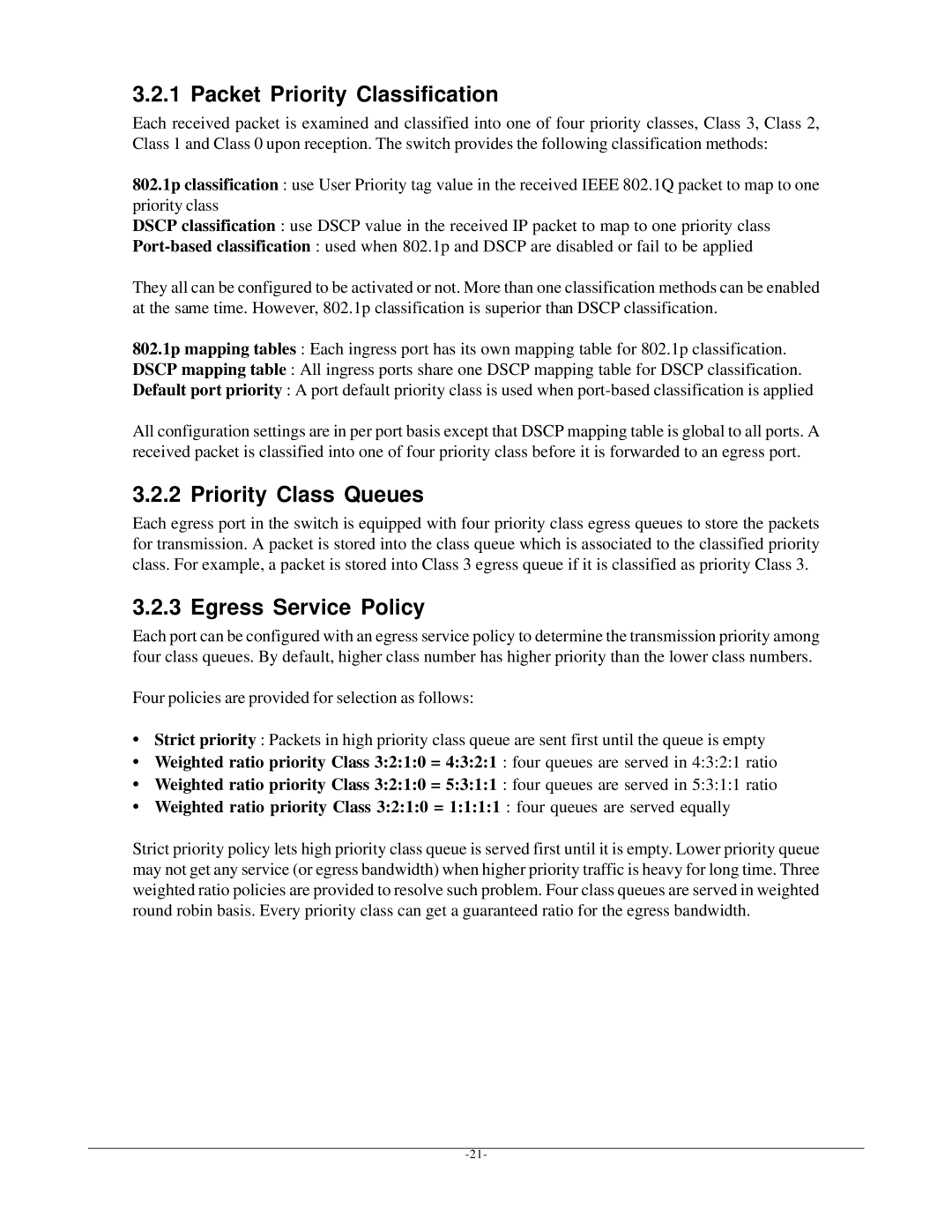 KTI Networks KGD-600 manual Packet Priority Classification, Priority Class Queues, Egress Service Policy 