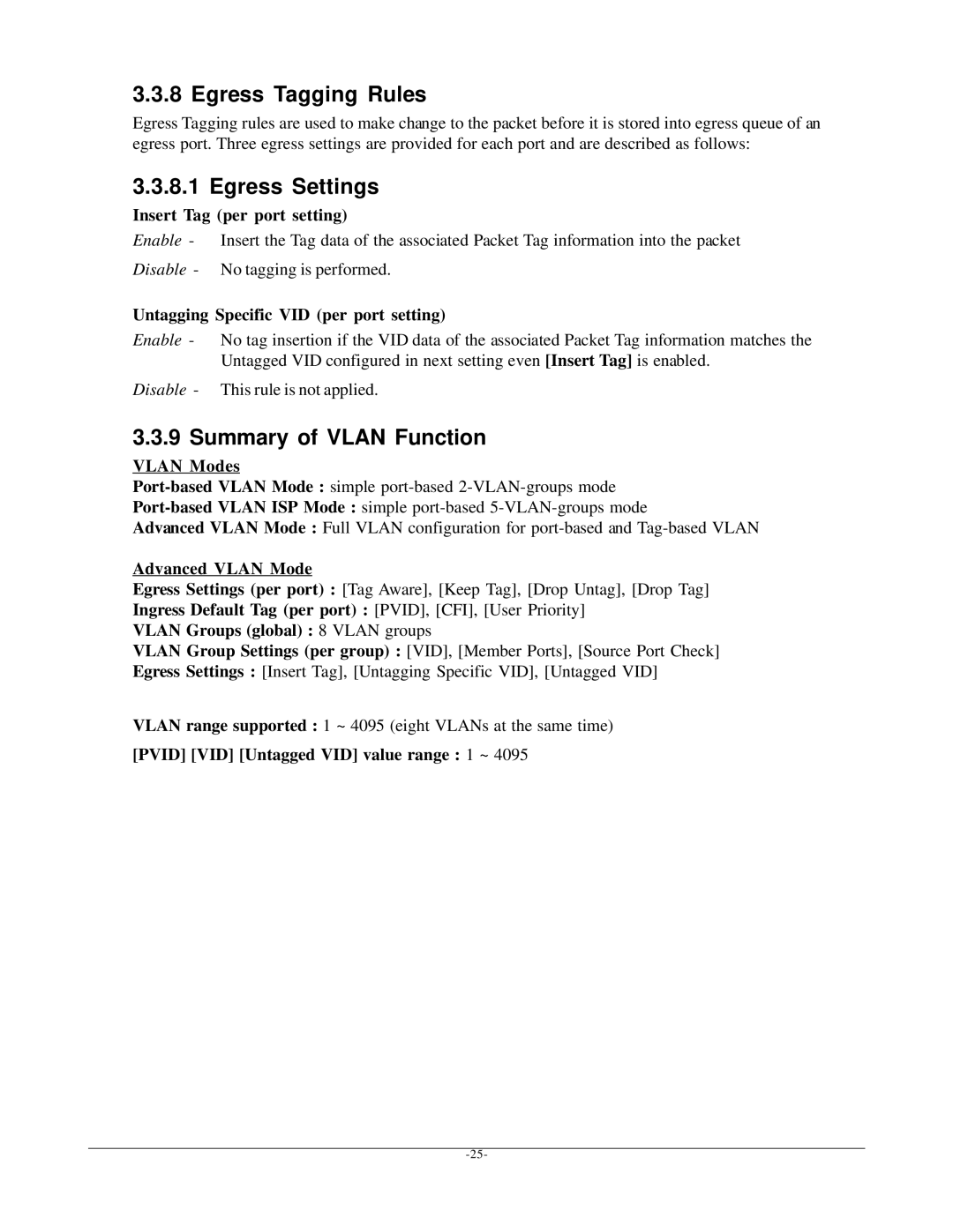 KTI Networks KGD-600 manual Egress Tagging Rules, Egress Settings, Summary of Vlan Function 