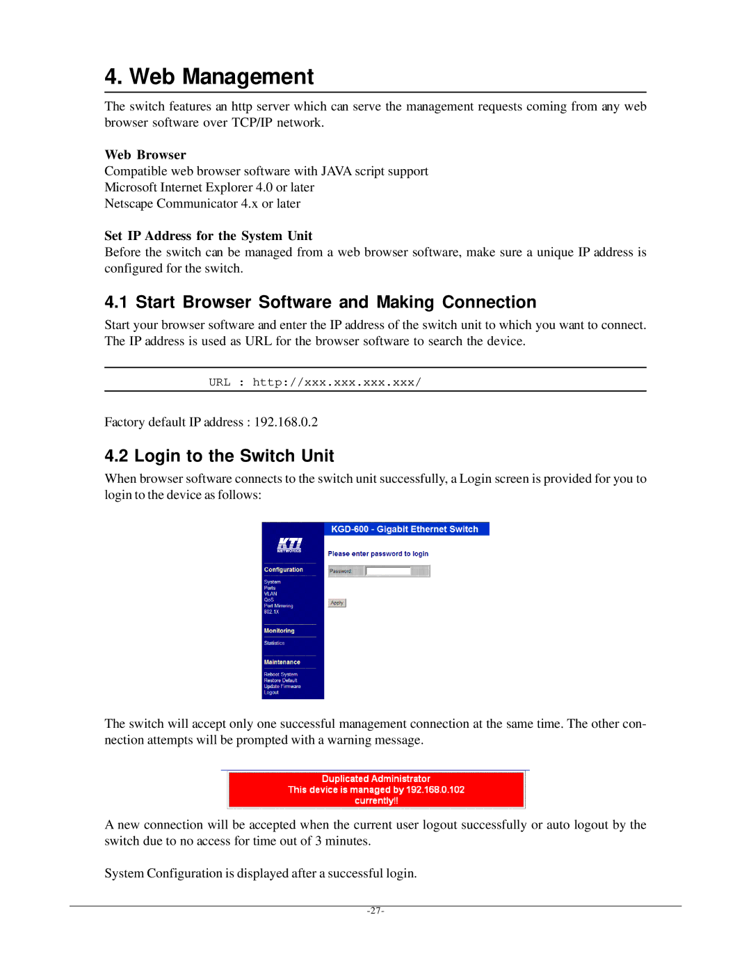 KTI Networks KGD-600 manual Start Browser Software and Making Connection, Login to the Switch Unit, Web Browser 