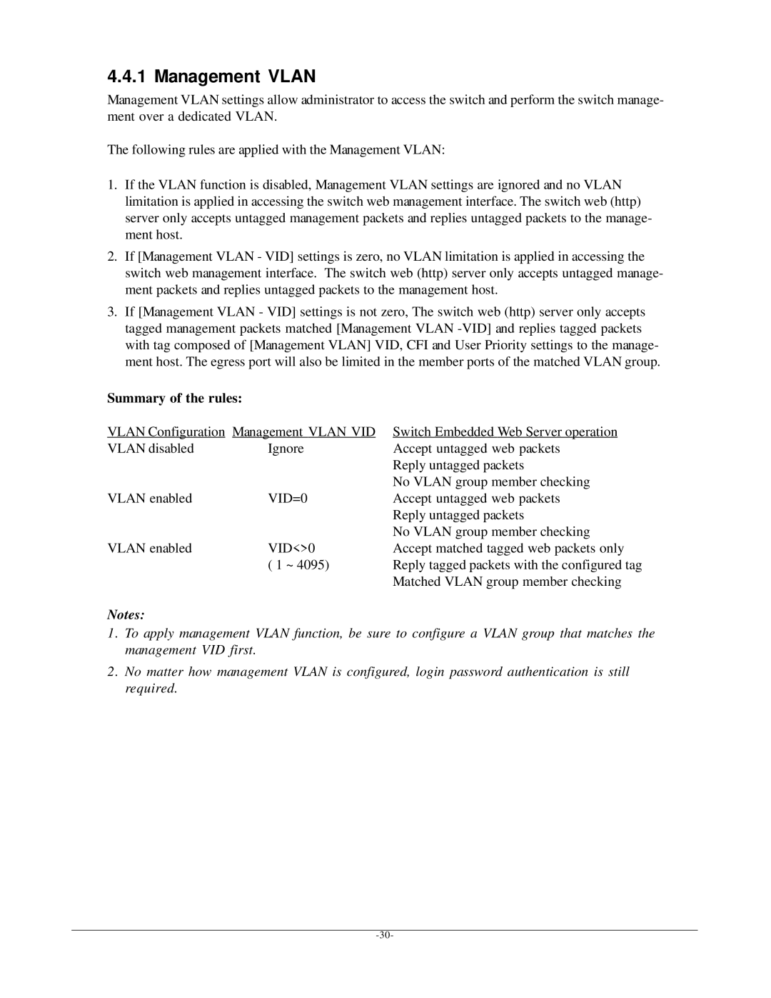 KTI Networks KGD-600 manual Management Vlan, Summary of the rules 