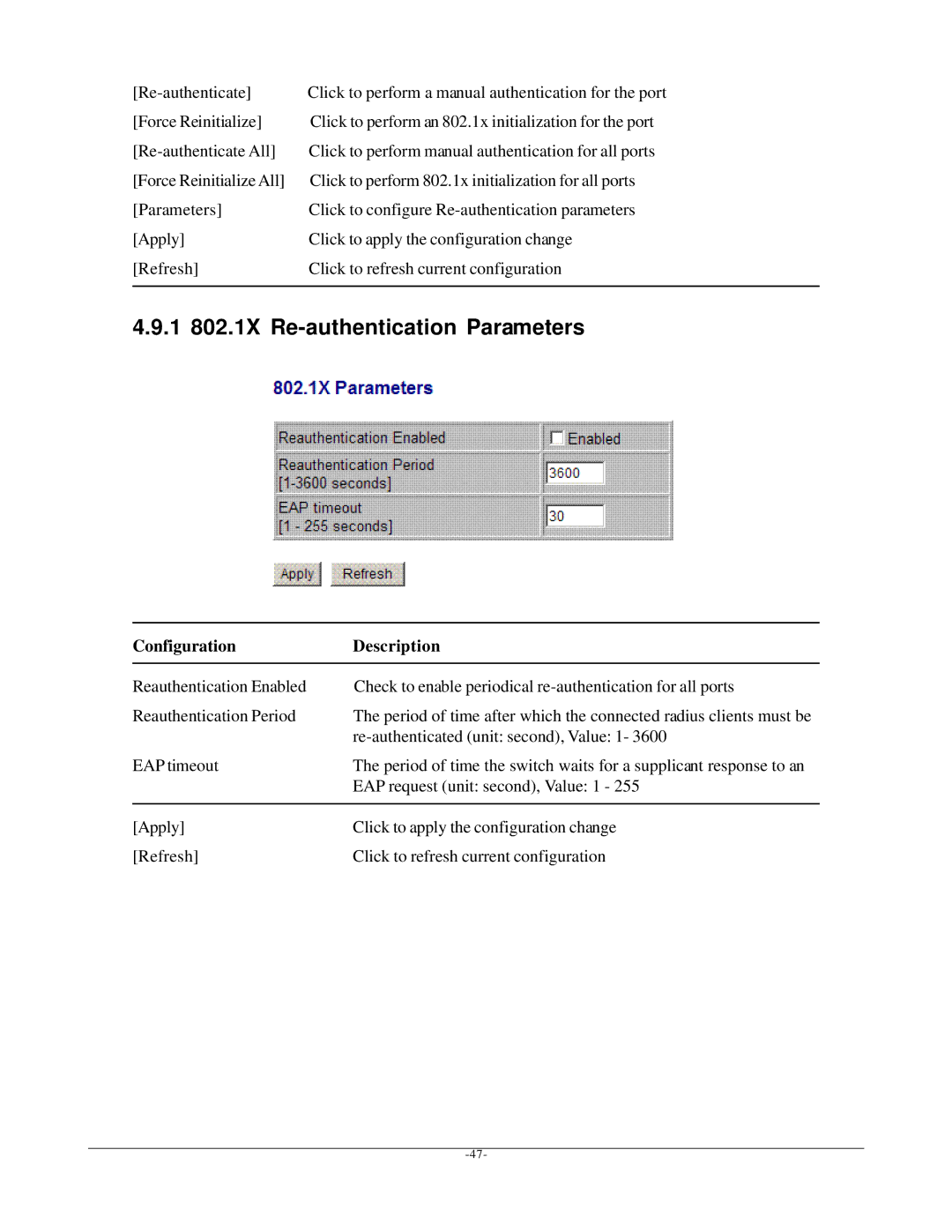 KTI Networks KGD-600 manual 1 802.1X Re-authentication Parameters 