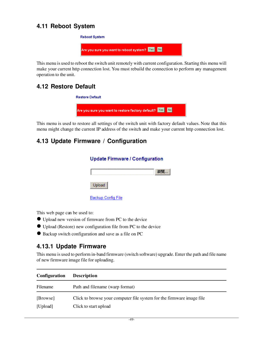 KTI Networks KGD-600 manual Reboot System, Restore Default, Update Firmware / Configuration 