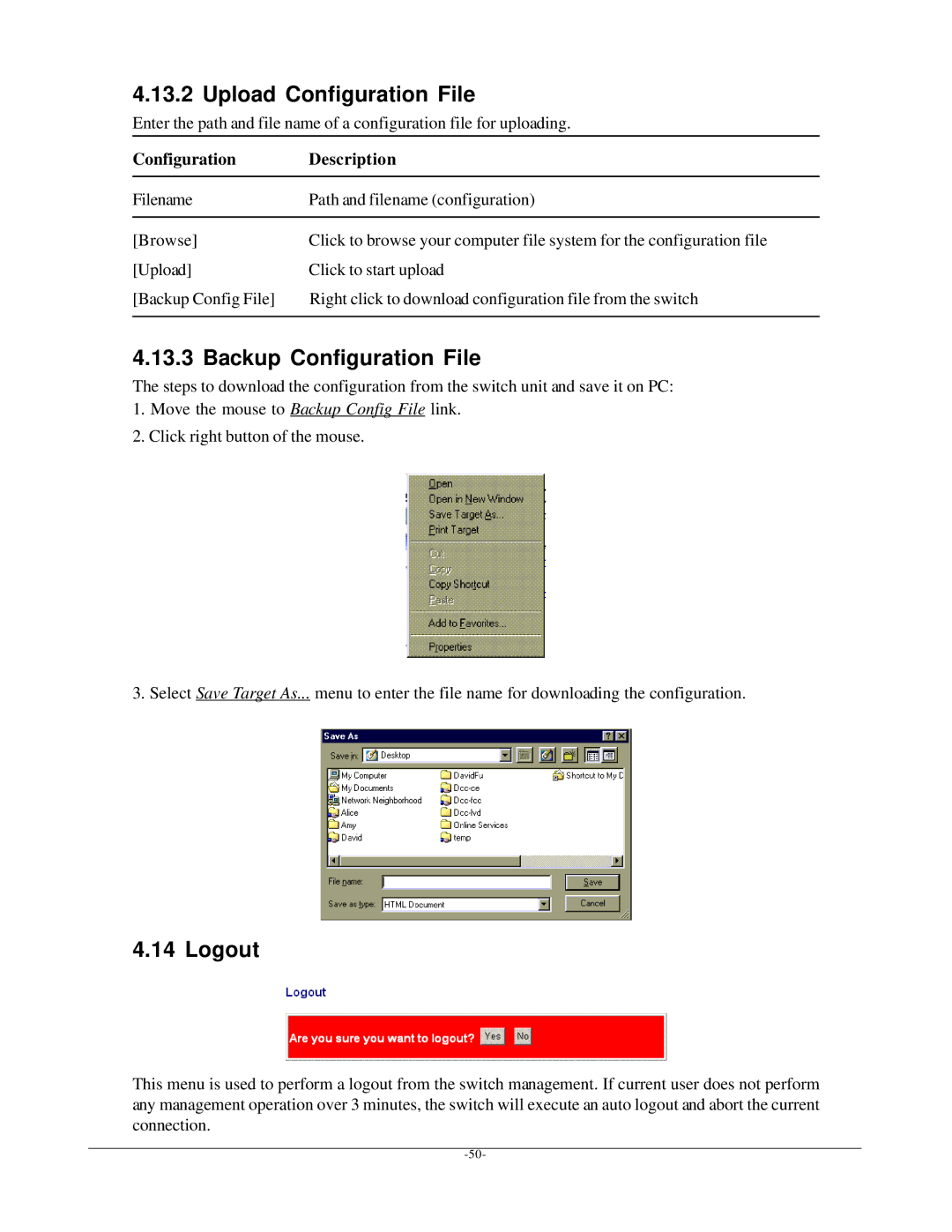 KTI Networks KGD-600 manual Upload Configuration File, Backup Configuration File, Logout 