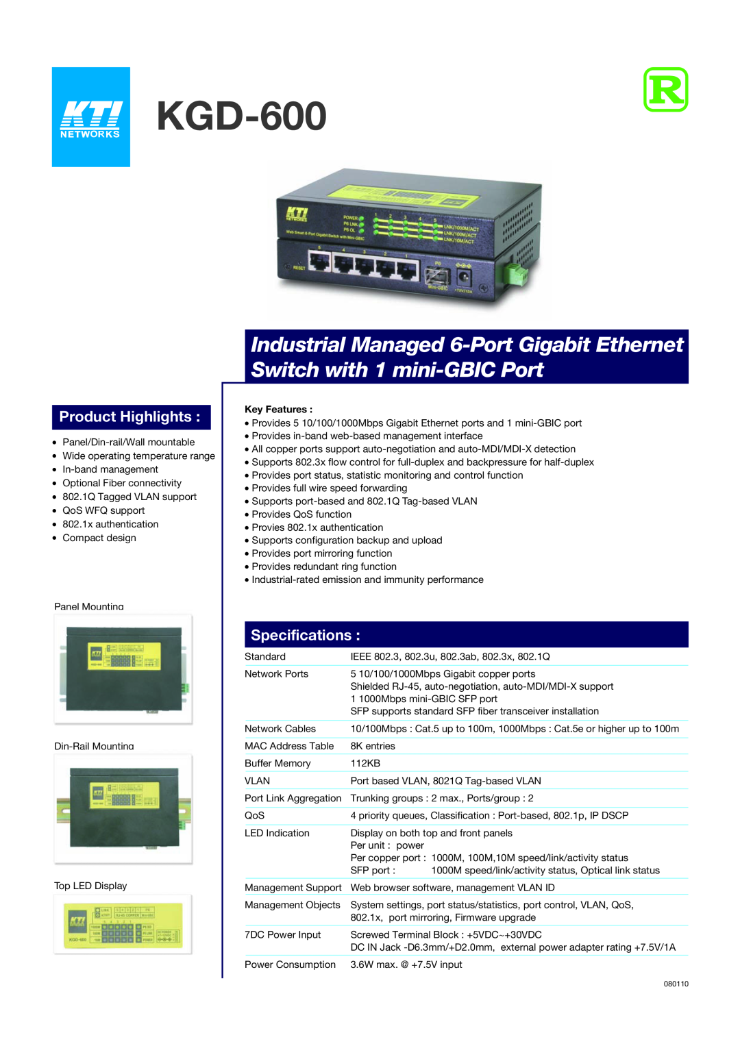 KTI Networks KGD-600 specifications Product Highlights, Specifications, Key Features 