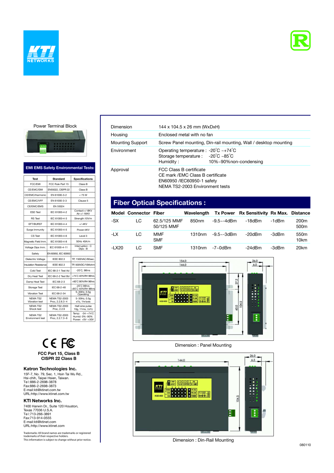KTI Networks KGD-600 Fiber Optical Specifications, Model, Wavelength, Tx Power, Rx Max, Katron Technologies Inc 
