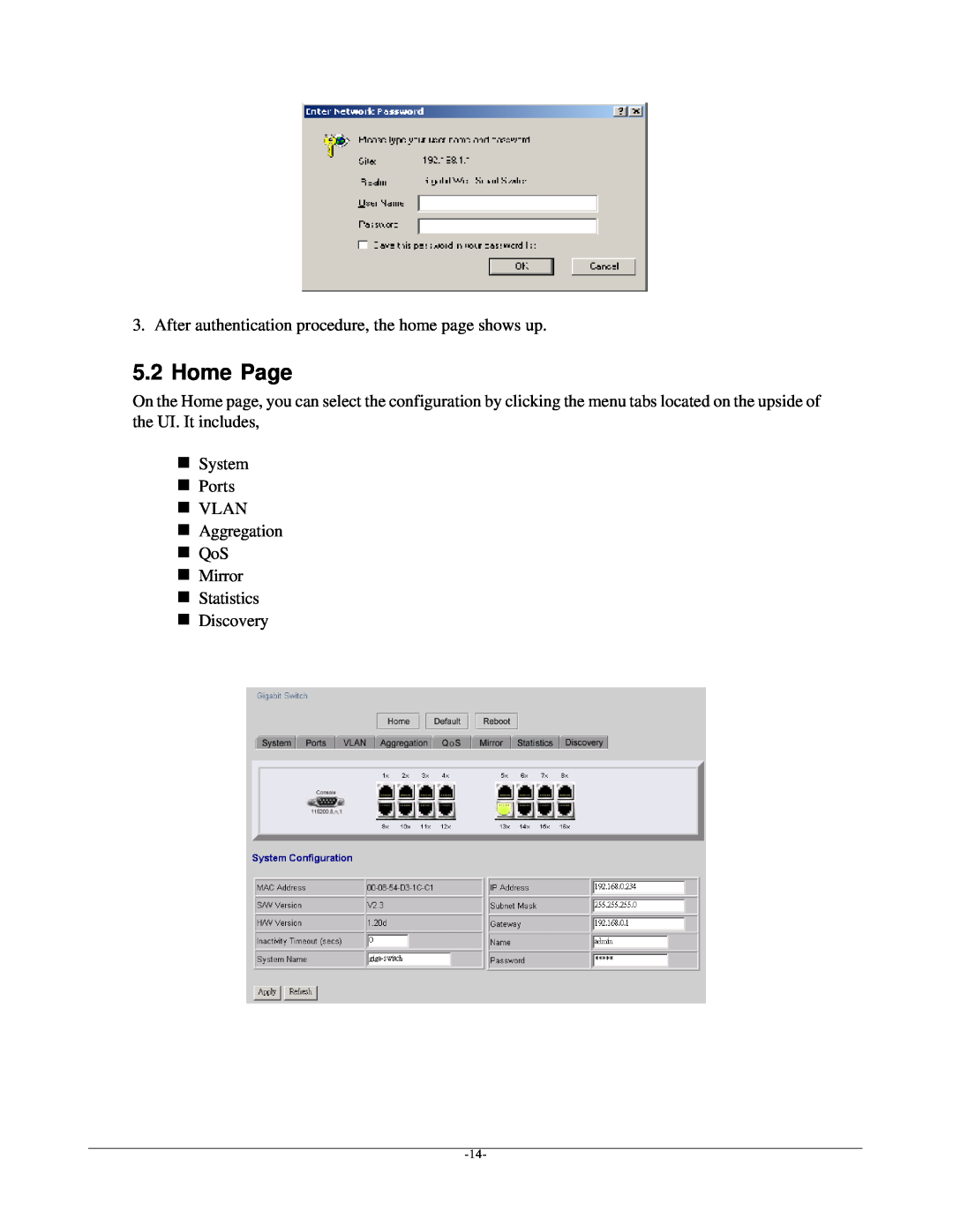 KTI Networks kgs-1601 manual Home Page, After authentication procedure, the home page shows up 