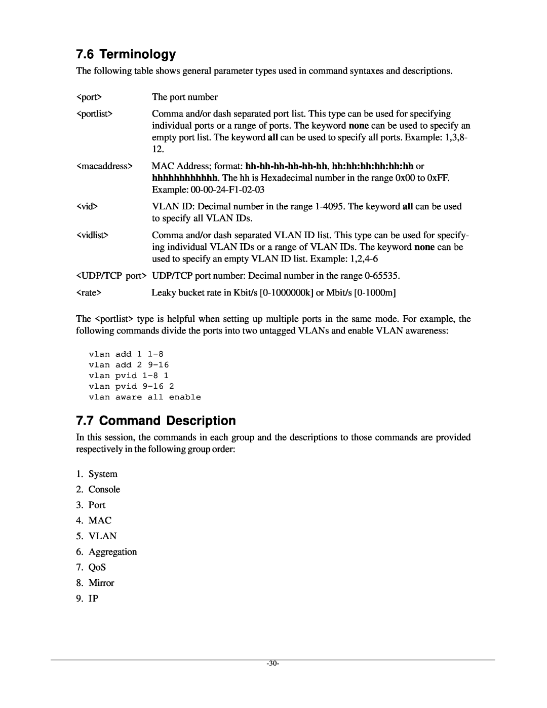 KTI Networks kgs-1601 manual Terminology, Command Description, MAC Address format hh-hh-hh-hh-hh-hh, hhhhhhhhhhhh or 