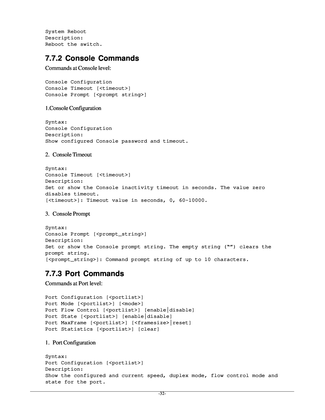 KTI Networks kgs-1601 Console Commands, Port Commands, Commands at Console level, Console Configuration, Console Timeout 