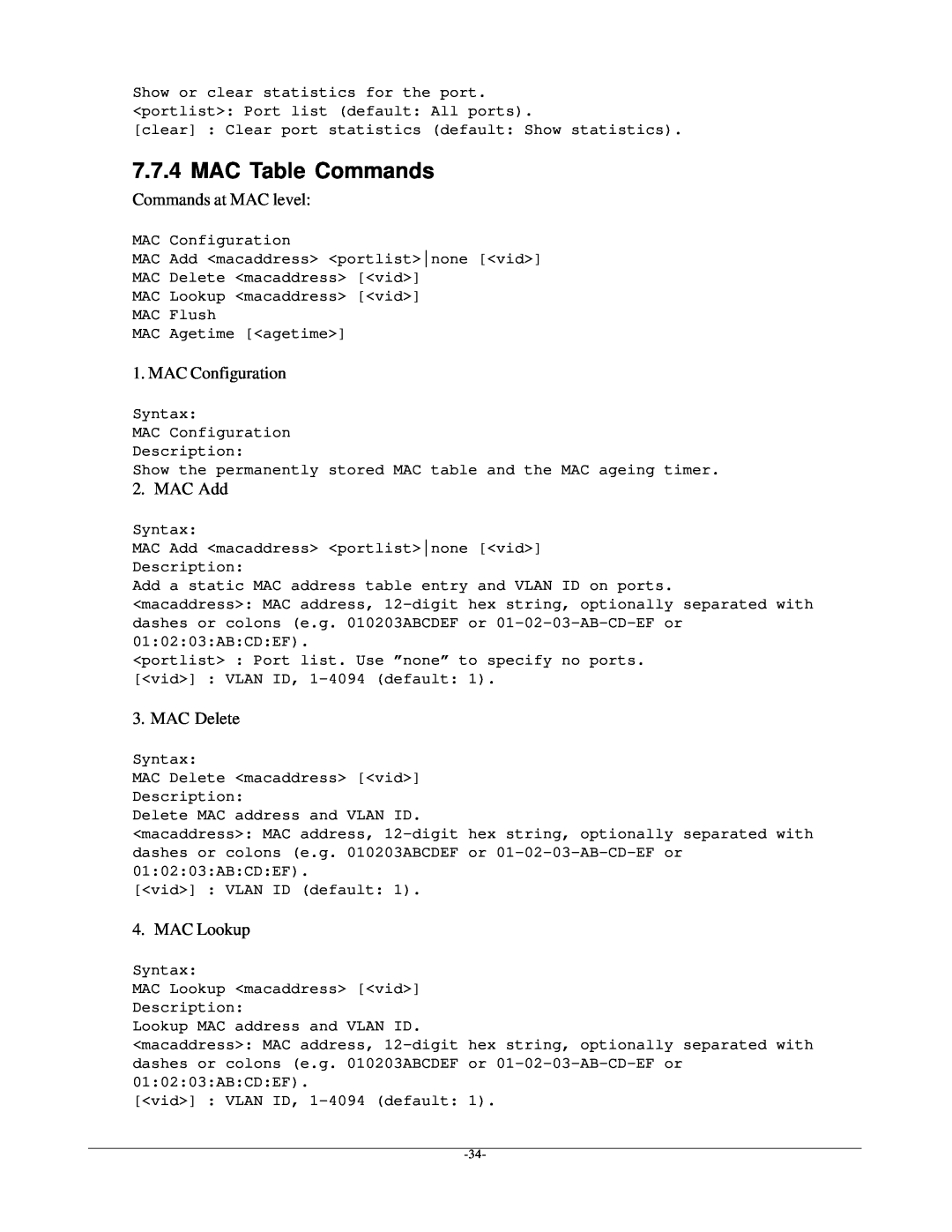 KTI Networks kgs-1601 manual MAC Table Commands, Commands at MAC level, MAC Configuration, MAC Add, MAC Delete, MAC Lookup 