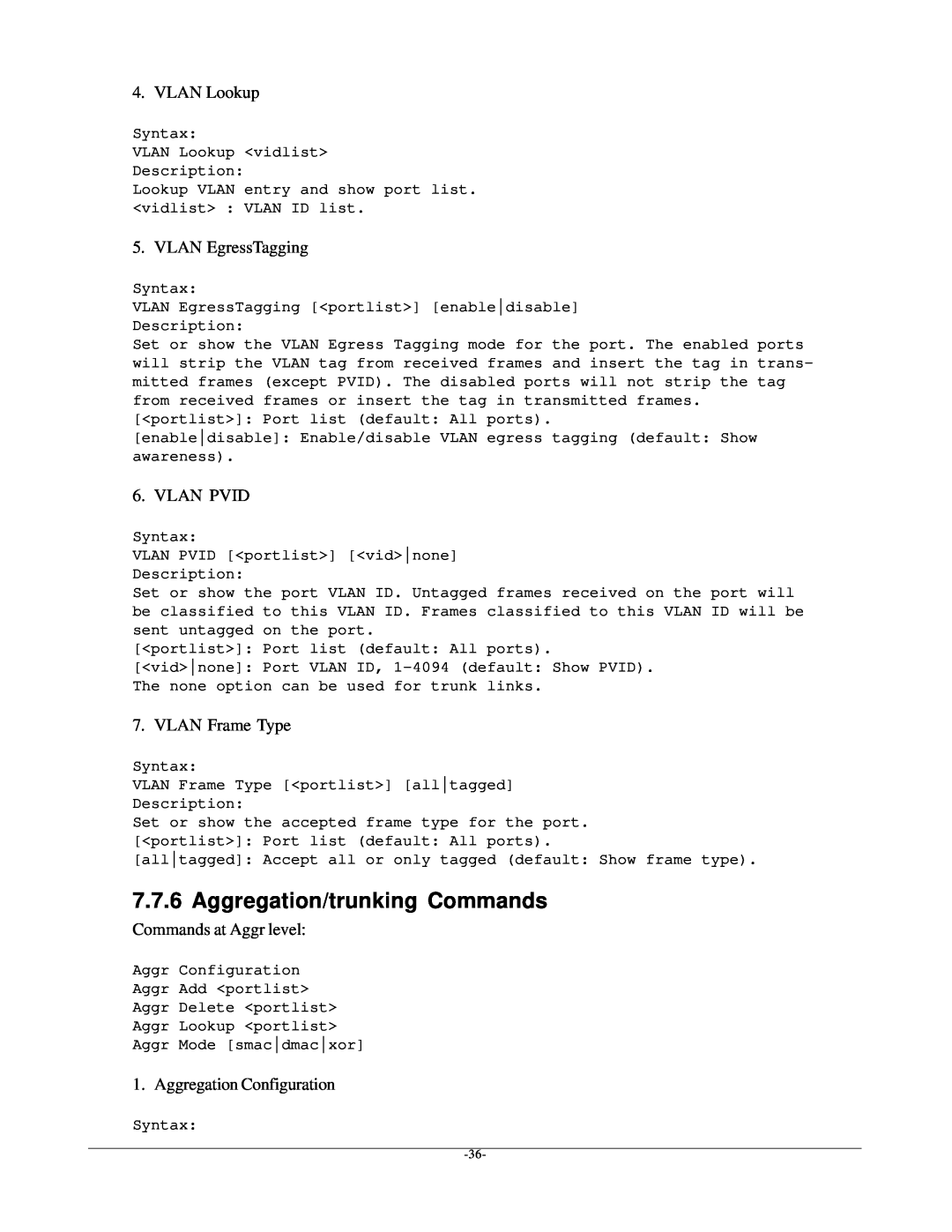KTI Networks kgs-1601 manual Aggregation/trunking Commands, VLAN Lookup, VLAN EgressTagging, Vlan Pvid, VLAN Frame Type 