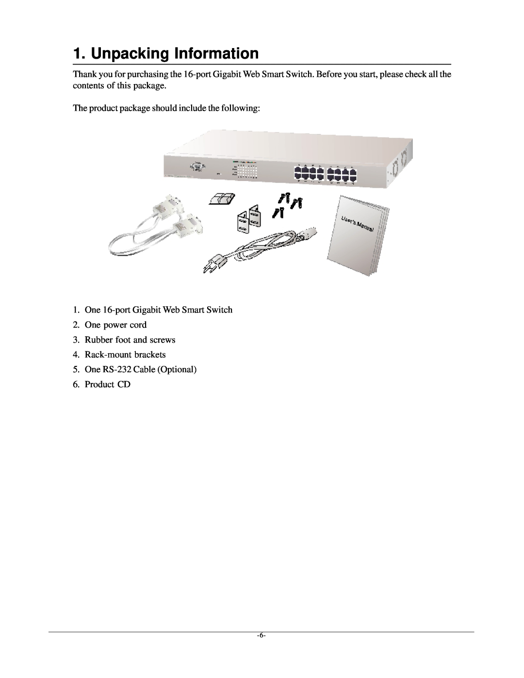 KTI Networks kgs-1601 manual Unpacking Information, The product package should include the following 