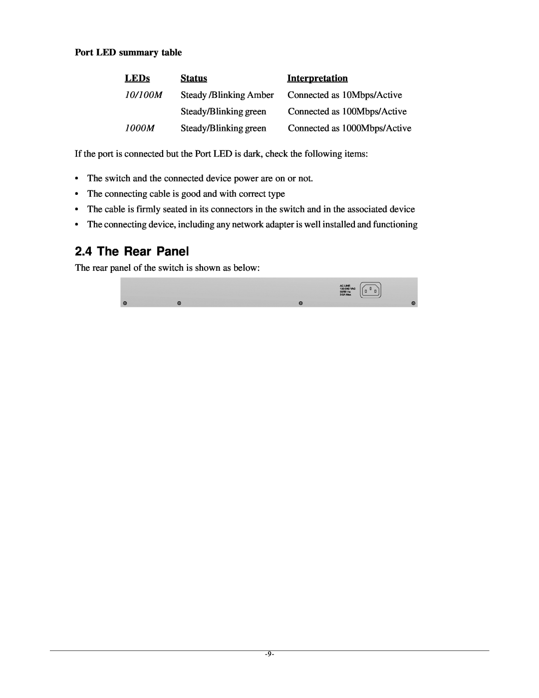 KTI Networks kgs-1601 manual The Rear Panel, Port LED summary table, LEDs, Status, Interpretation 