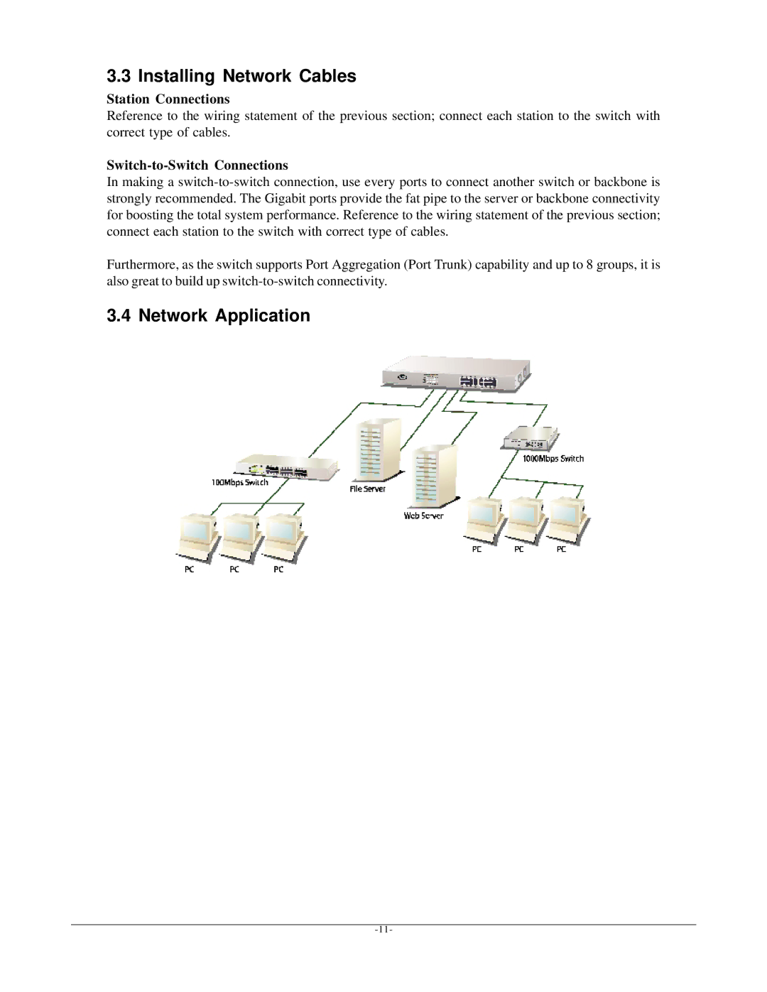 KTI Networks kgs-1601 Installing Network Cables, Network Application, Station Connections, Switch-to-Switch Connections 