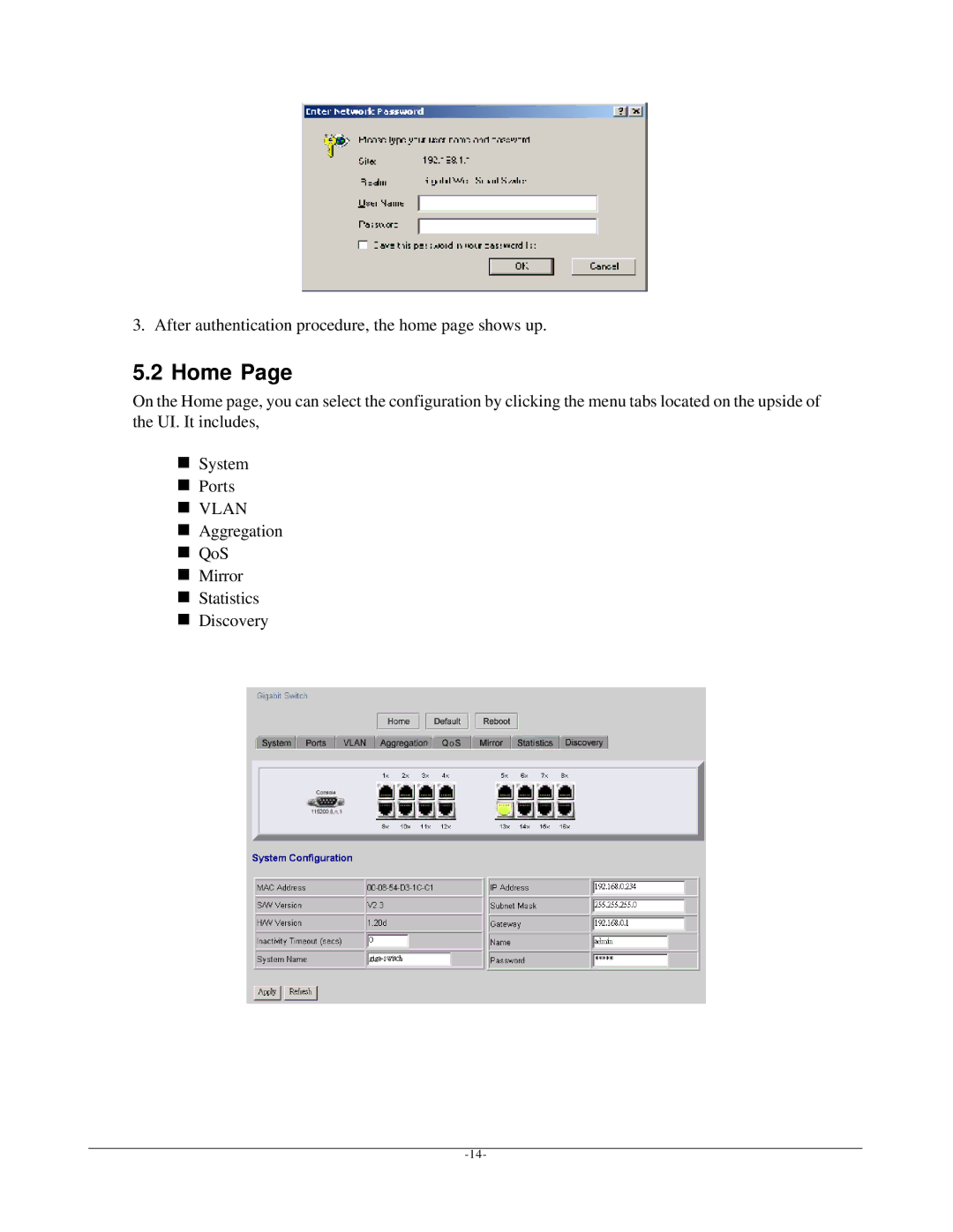 KTI Networks kgs-1601 manual Home, After authentication procedure, the home page shows up 