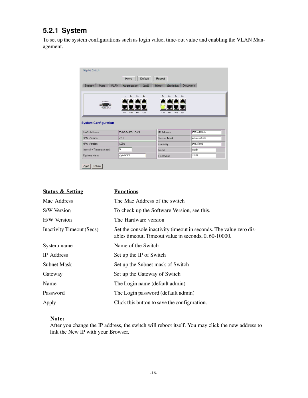 KTI Networks kgs-1601 manual System, Status & Setting Functions, Ables timeout. Timeout value in seconds, 0 