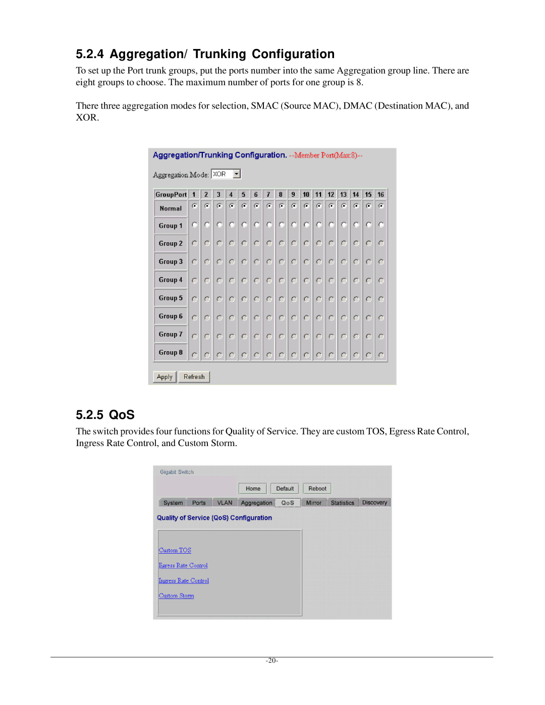 KTI Networks kgs-1601 manual Aggregation/ Trunking Configuration, 5 QoS 