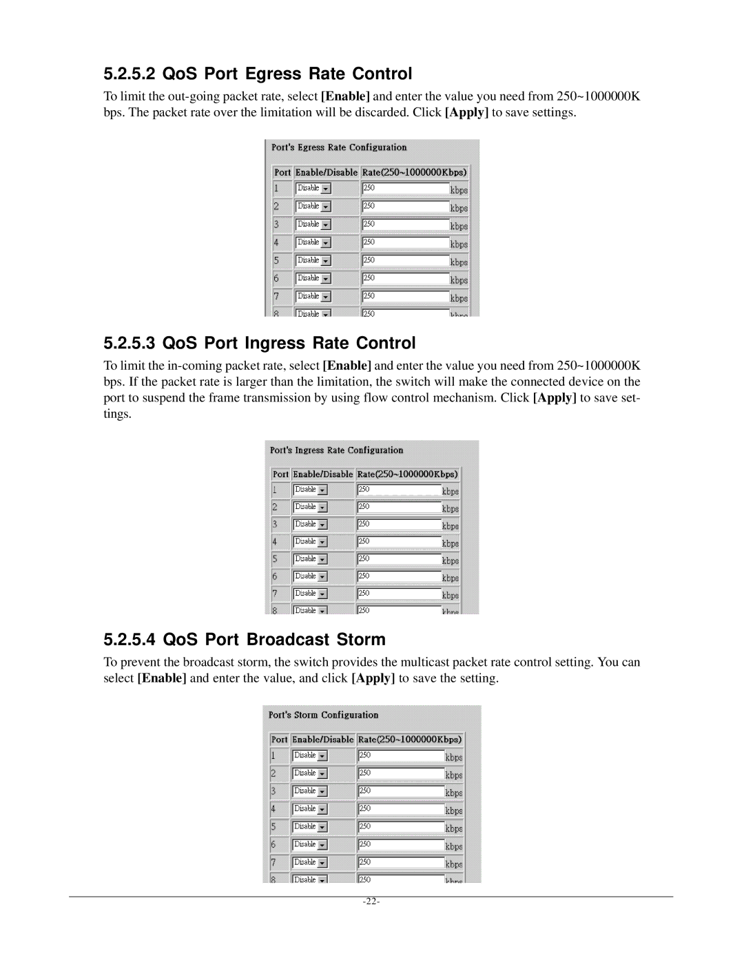 KTI Networks kgs-1601 manual QoS Port Egress Rate Control, QoS Port Ingress Rate Control, QoS Port Broadcast Storm 