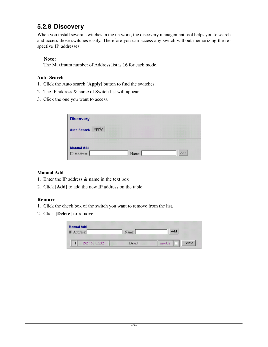 KTI Networks kgs-1601 manual Discovery, Auto Search, Manual Add, Remove 