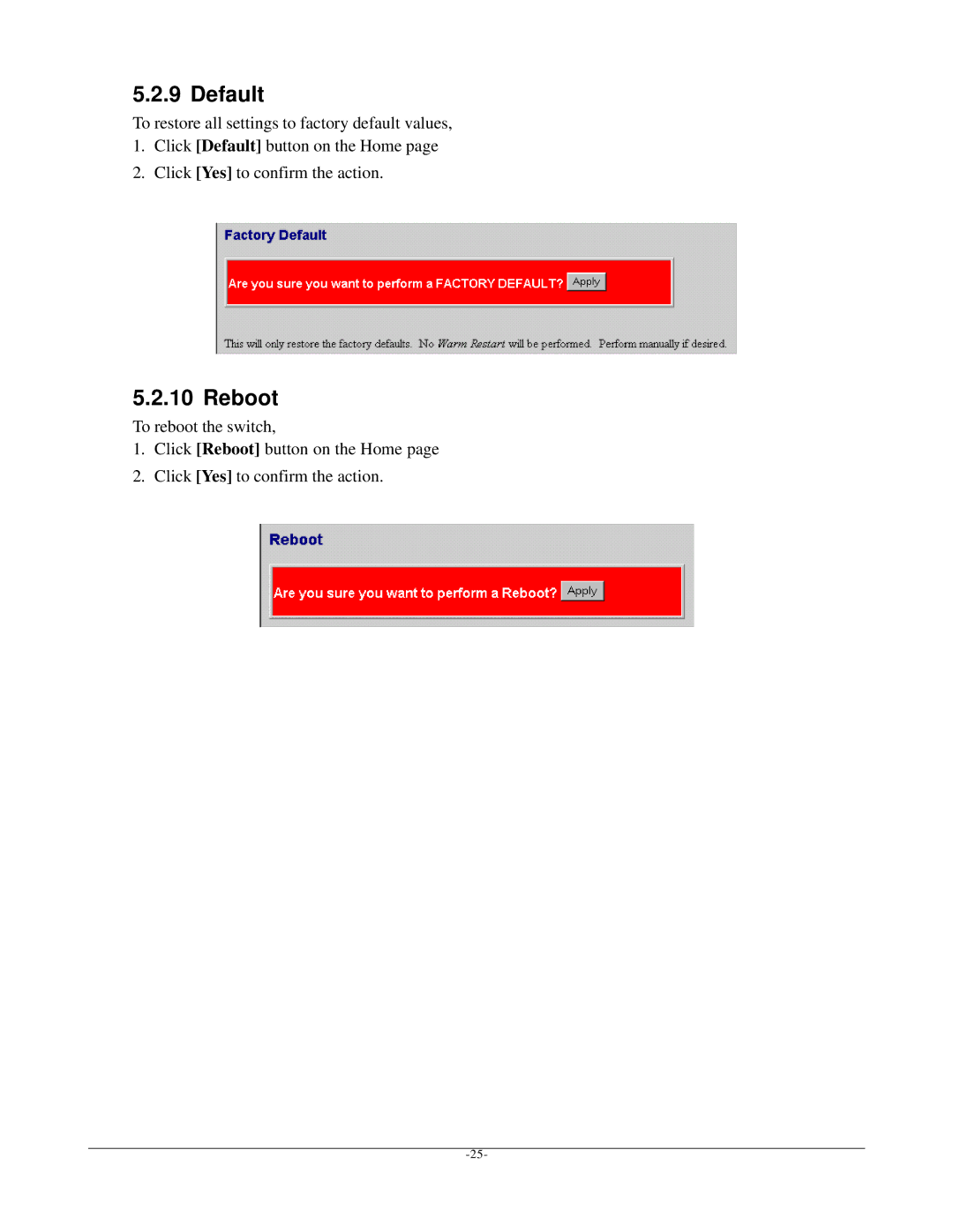 KTI Networks kgs-1601 manual Default, Reboot 