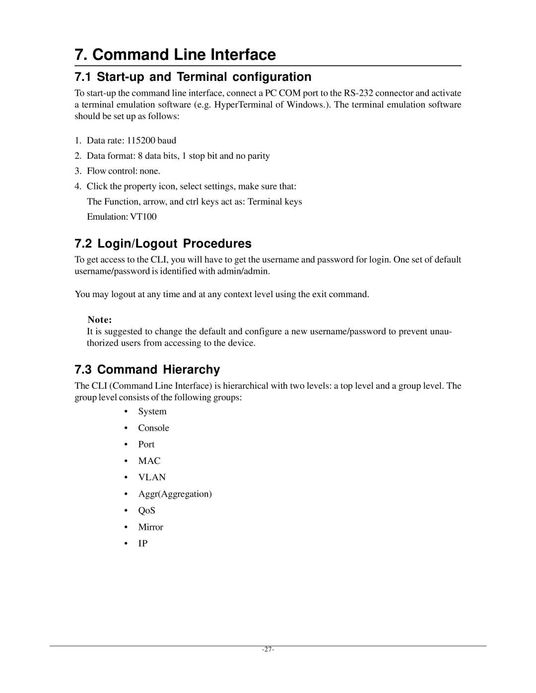 KTI Networks kgs-1601 manual Command Line Interface, Start-up and Terminal configuration, Login/Logout Procedures 