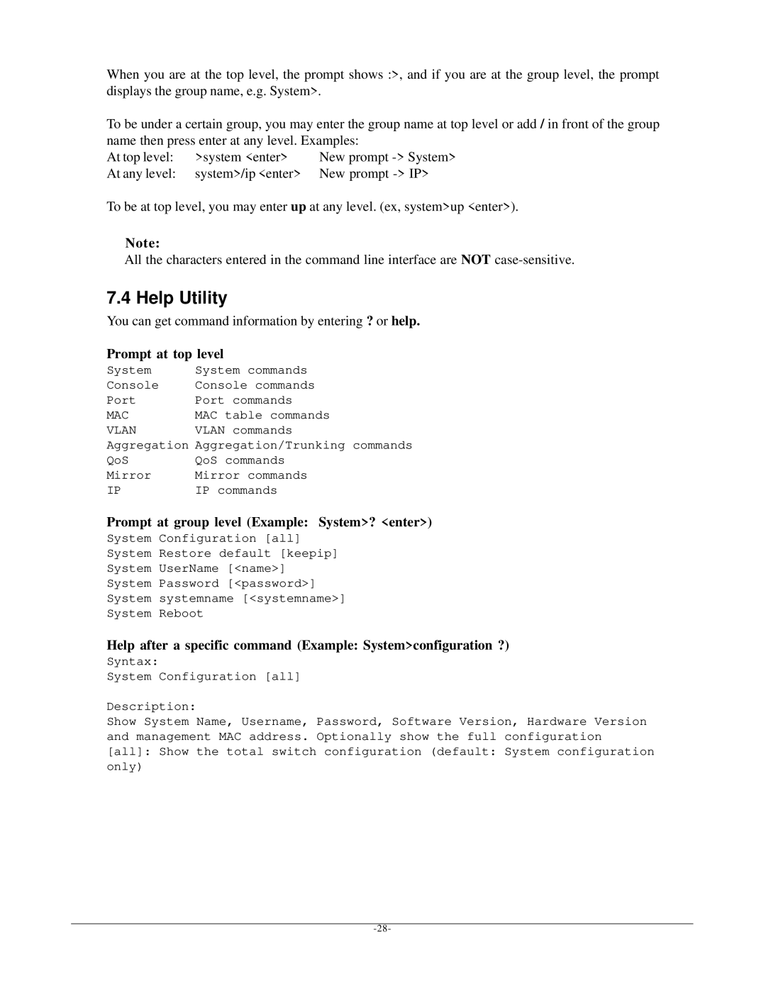 KTI Networks kgs-1601 manual Help Utility, You can get command information by entering ? or help, Prompt at top level 